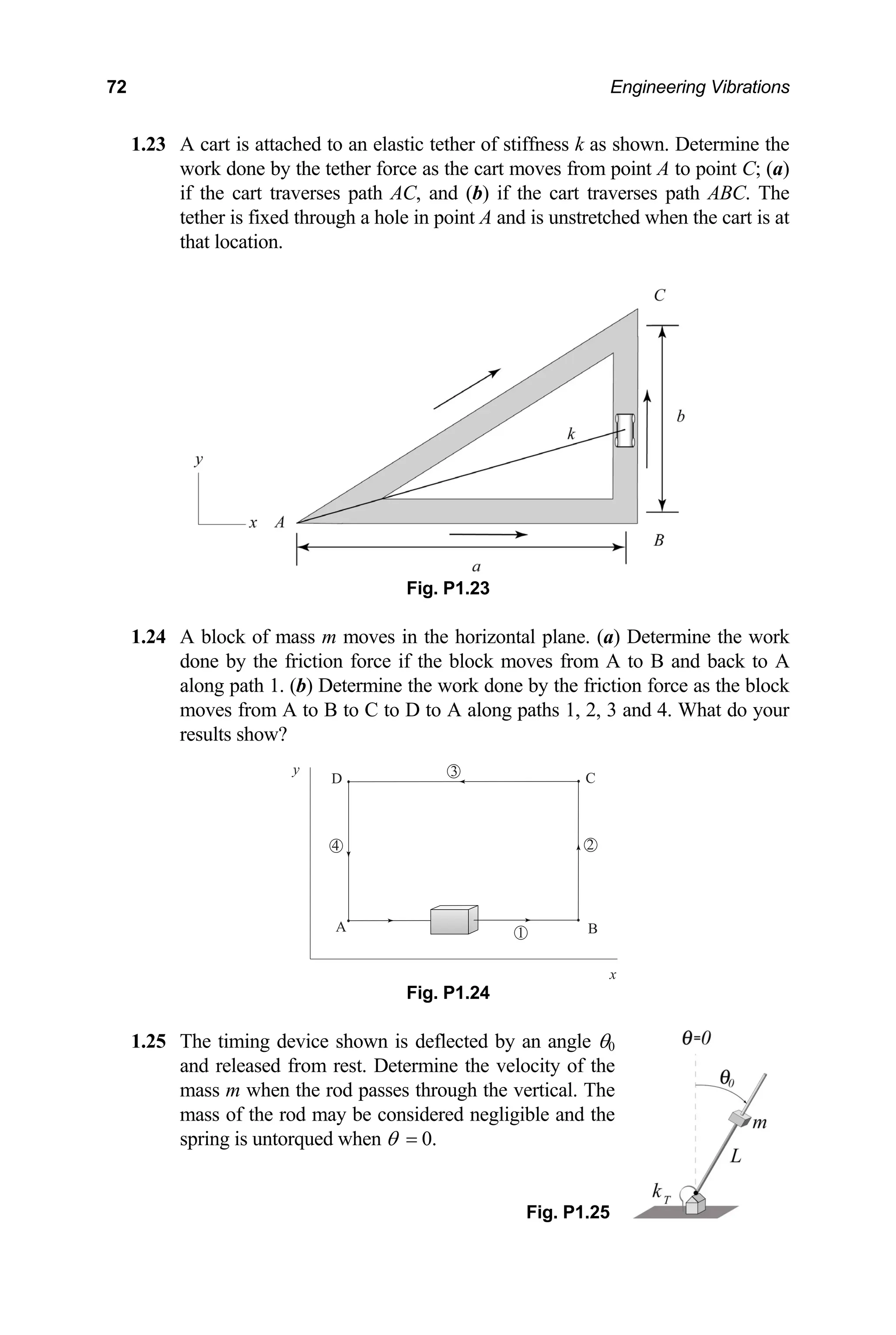 72 Engineering Vibrations
1.23 A cart is attached to an elastic tether of stiffness k as shown. Determine the
moves from point A to point C; (a)
if the cart traverses path AC, and (b) if the cart traverses path ABC. The
1.24 A block o mine the work
done by B and back to A
along path 1. ion force as the block
moves fro 4. What do your
results show?
Fig. P1.24
deflected by an angle θ0
and released from rest. Determine the velocity of the
hen the rod passes through the vertical. The
mass of the rod may be considered negligible and the
spring is untorqued when θ = 0.
Fig. P1.25
work done by the tether force as the cart
tether is fixed through a hole in point A and is unstretched when the cart is at
that location.
Fig. P1.23
f mass m moves in the horizontal plane. (a) Deter
the friction force if the block moves from A to
(b) Determine the work done by the frict
m A to B to C to D to A along paths 1, 2, 3 and
1.25 The timing device shown is
mass m w
y
x
B
C
A
D
4
3
1
2
 