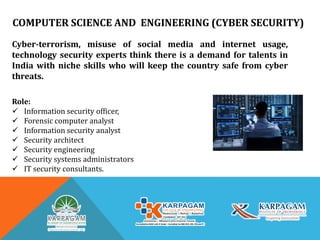 COMPUTER SCIENCE AND ENGINEERING (CYBER SECURITY)
Cyber-terrorism, misuse of social media and internet usage,
technology security experts think there is a demand for talents in
India with niche skills who will keep the country safe from cyber
threats.
Role:
 Information security officer,
 Forensic computer analyst
 Information security analyst
 Security architect
 Security engineering
 Security systems administrators
 IT security consultants.
 