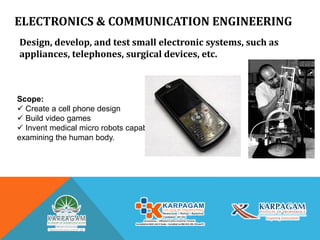 ELECTRONICS & COMMUNICATION ENGINEERING
Design, develop, and test small electronic systems, such as
appliances, telephones, surgical devices, etc.
Scope:
 Create a cell phone design
 Build video games
 Invent medical micro robots capable of
examining the human body.
 