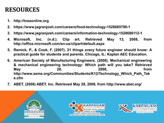 RESOURCES
1. http://tneaonline.org
2. https://www.jagranjosh.com/careers/food-technology-1528685790-1
3. https://www.jagranjosh.com/careers/information-technology-1528686112-1
4. Microsoft, Inc. (n.d.). Clip art. Retrieved May 13, 2008, from
http://office.microsoft.com/en-us/clipart/default.aspx
5. Remick, P., & Cook, F. (2007). 21 things every future engineer should know: A
practical guide for students and parents. Chicago, IL: Kaplan AEC Education.
6. American Society of Manufacturing Engineers. (2008). Mechanical engineering
& mechanical engineering technology: Which path will you take? Retrieved
May 28, 2008, from
http://www.asme.org/Communities/Students/K12/Technology_Which_Path_Tak
e.cfm
7. ABET. (2008) ABET, Inc. Retrieved May 28, 2008, from http://www.abet.org/
 