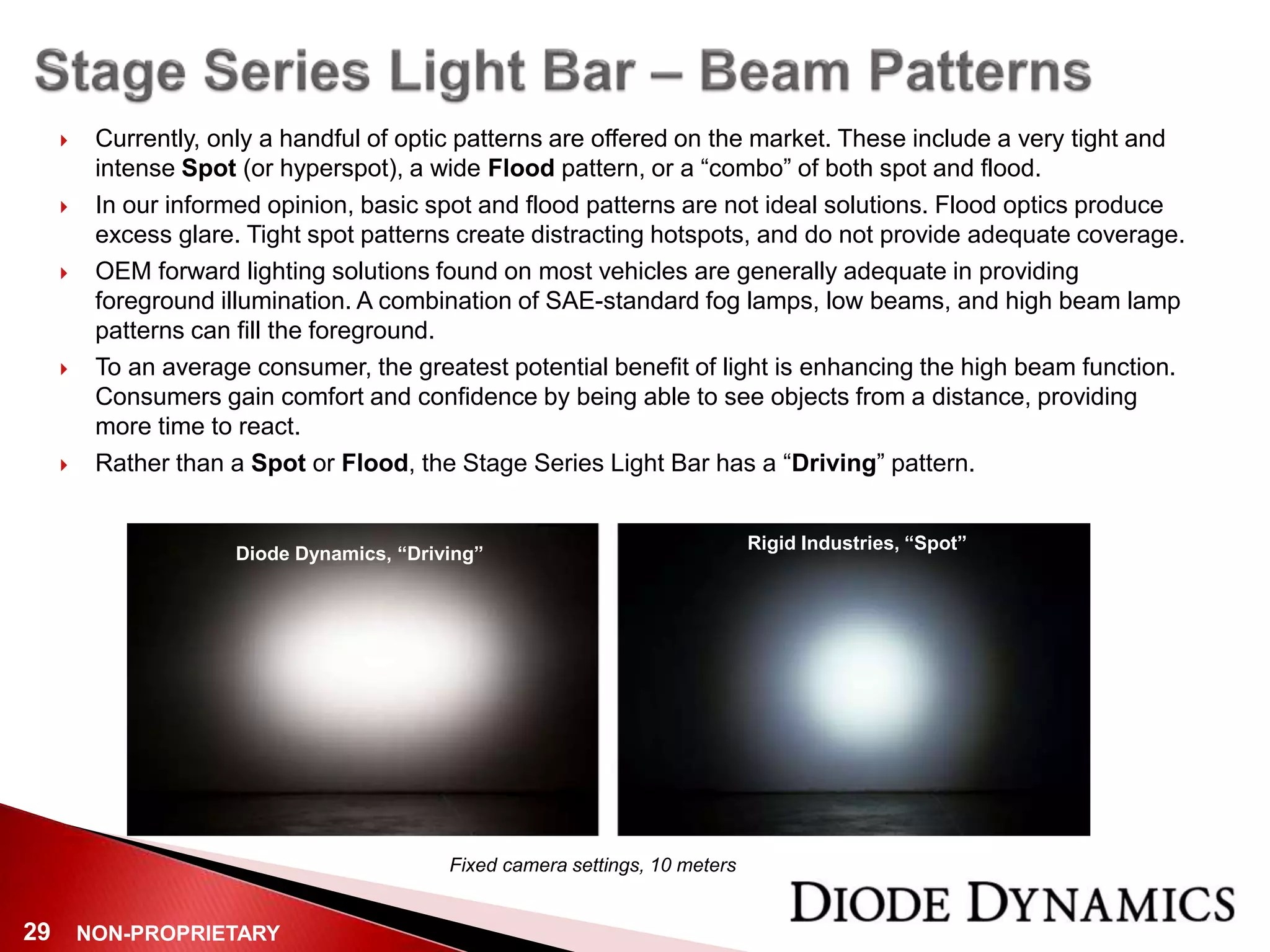 NON-PROPRIETARY29
 Currently, only a handful of optic patterns are offered on the market. These include a very tight and
intense Spot (or hyperspot), a wide Flood pattern, or a “combo” of both spot and flood.
 In our informed opinion, basic spot and flood patterns are not ideal solutions. Flood optics produce
excess glare. Tight spot patterns create distracting hotspots, and do not provide adequate coverage.
 OEM forward lighting solutions found on most vehicles are generally adequate in providing
foreground illumination. A combination of SAE-standard fog lamps, low beams, and high beam lamp
patterns can fill the foreground.
 To an average consumer, the greatest potential benefit of light is enhancing the high beam function.
Consumers gain comfort and confidence by being able to see objects from a distance, providing
more time to react.
 Rather than a Spot or Flood, the Stage Series Light Bar has a “Driving” pattern.
Diode Dynamics, “Driving”
Rigid Industries, “Spot”
Fixed camera settings, 10 meters
 