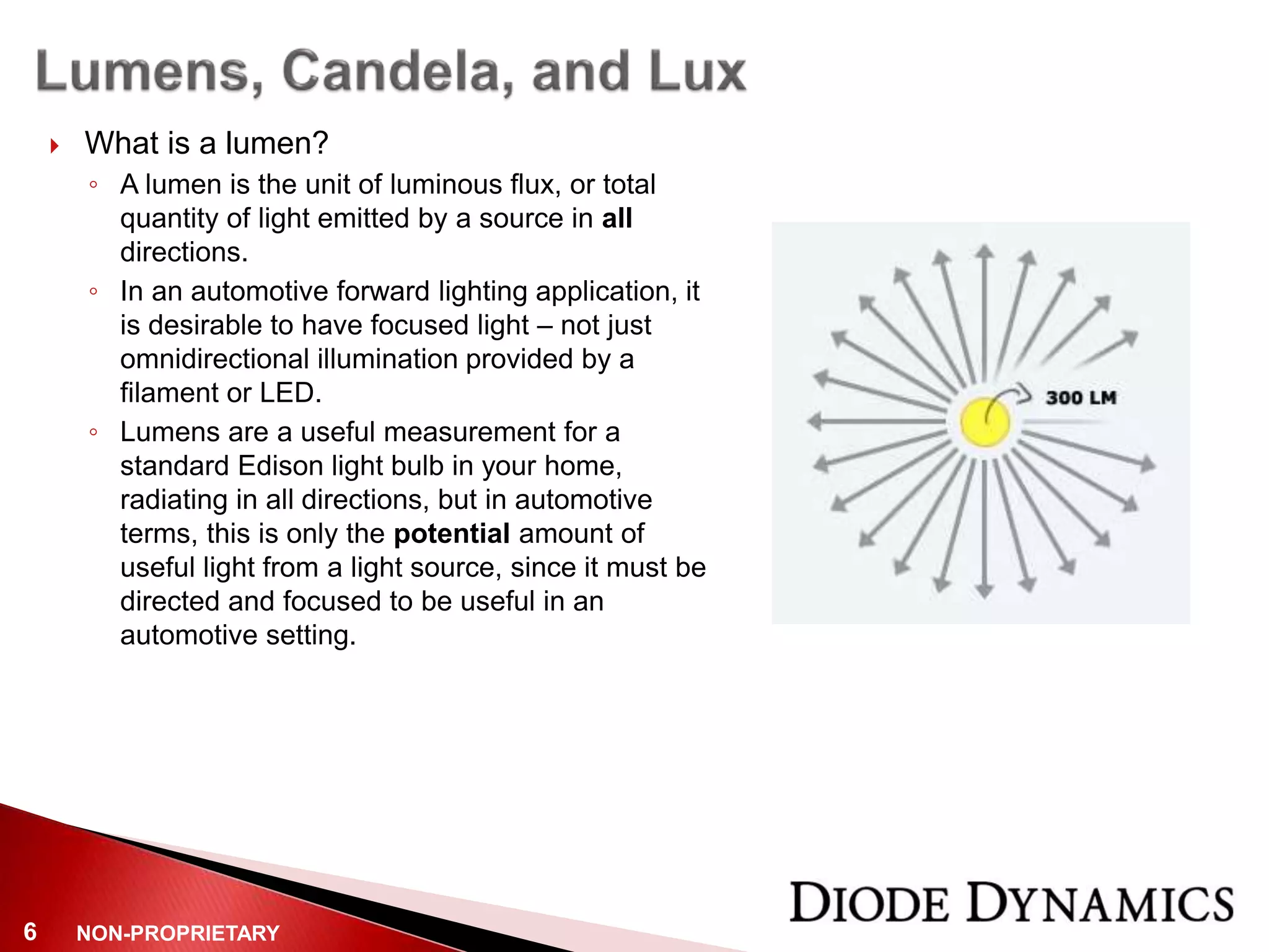 NON-PROPRIETARY6
 What is a lumen?
◦ A lumen is the unit of luminous flux, or total
quantity of light emitted by a source in all
directions.
◦ In an automotive forward lighting application, it
is desirable to have focused light – not just
omnidirectional illumination provided by a
filament or LED.
◦ Lumens are a useful measurement for a
standard Edison light bulb in your home,
radiating in all directions, but in automotive
terms, this is only the potential amount of
useful light from a light source, since it must be
directed and focused to be useful in an
automotive setting.
 