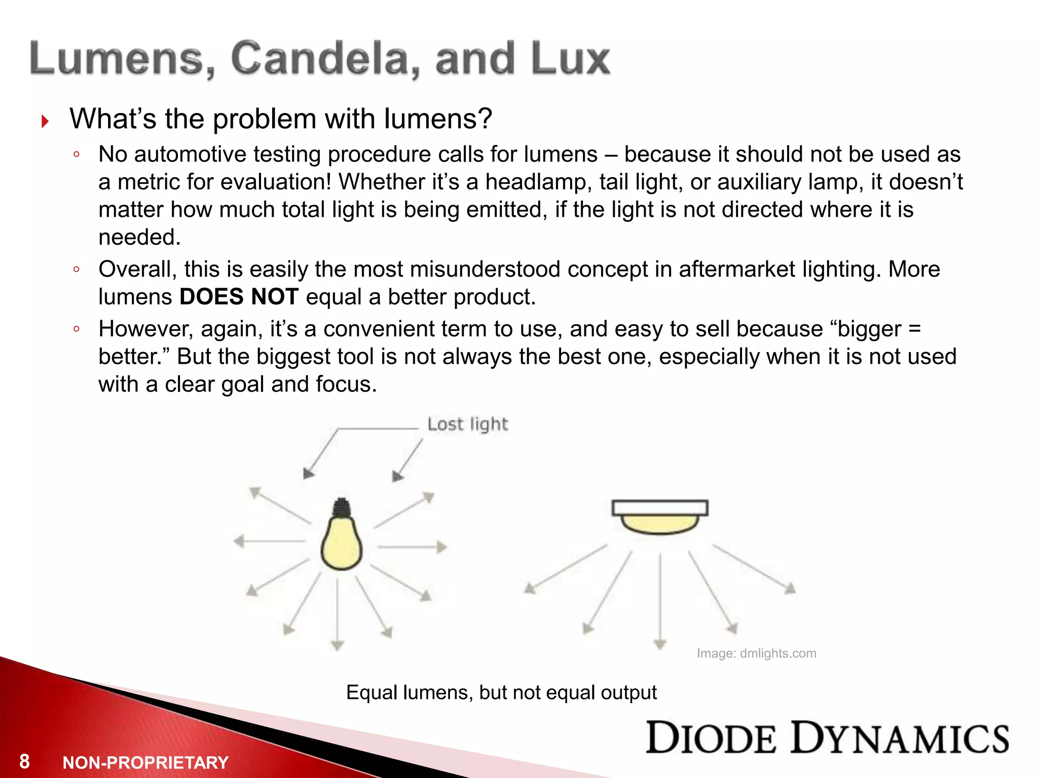 NON-PROPRIETARY8
 What’s the problem with lumens?
◦ No automotive testing procedure calls for lumens – because it should not be used as
a metric for evaluation! Whether it’s a headlamp, tail light, or auxiliary lamp, it doesn’t
matter how much total light is being emitted, if the light is not directed where it is
needed.
◦ Overall, this is easily the most misunderstood concept in aftermarket lighting. More
lumens DOES NOT equal a better product.
◦ However, again, it’s a convenient term to use, and easy to sell because “bigger =
better.” But the biggest tool is not always the best one, especially when it is not used
with a clear goal and focus.
Equal lumens, but not equal output
Image: dmlights.com
 