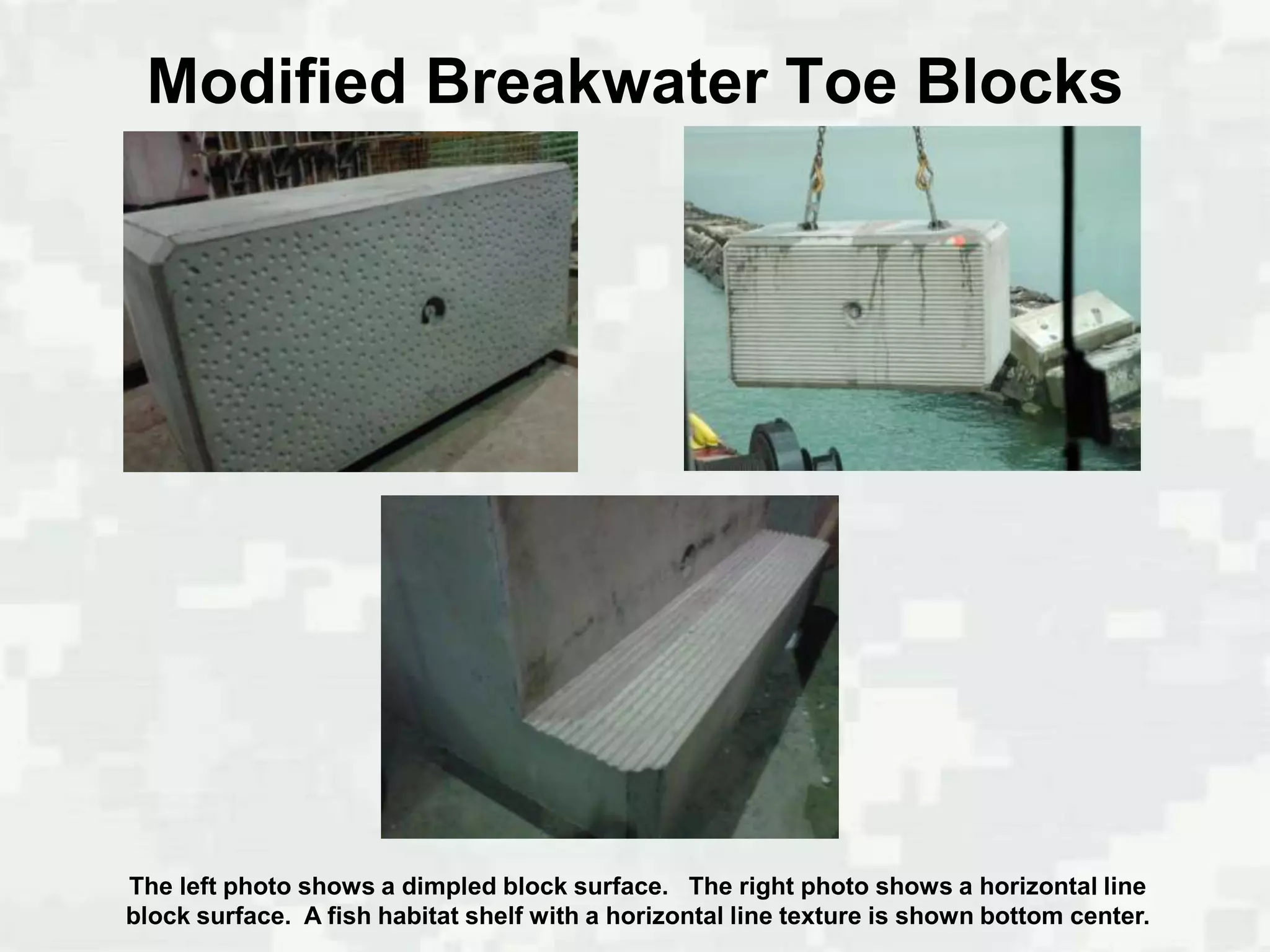 Modified Breakwater Toe Blocks




The left photo shows a dimpled block surface. The right photo shows a horizontal line
block surface. A fish habitat shelf with a horizontal line texture is shown bottom center.
 