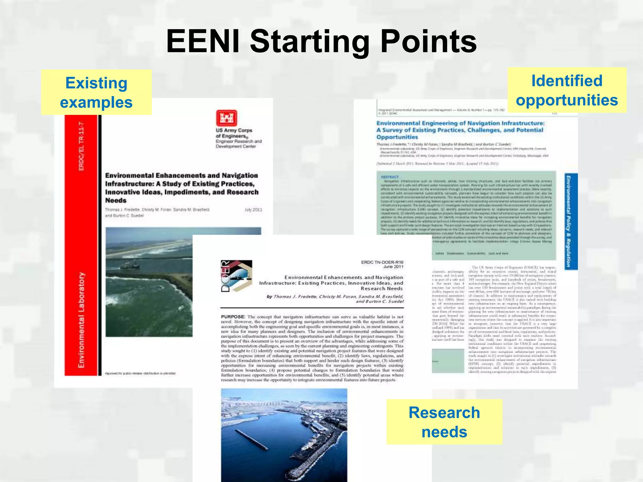 EENI Starting Points
 Existing                               Identified
examples                              opportunities




                           Research
                            needs
 