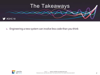 PAGE 7 | GRACE HOPPER CELEBRATION 2018
PRESENTED BY ANITAB.ORG AND THE ASSOCIATION FOR COMPUTING MACHINERY
1. Engineering a new system can involve less code than you think
7
#GHC18
The Takeaways
 
