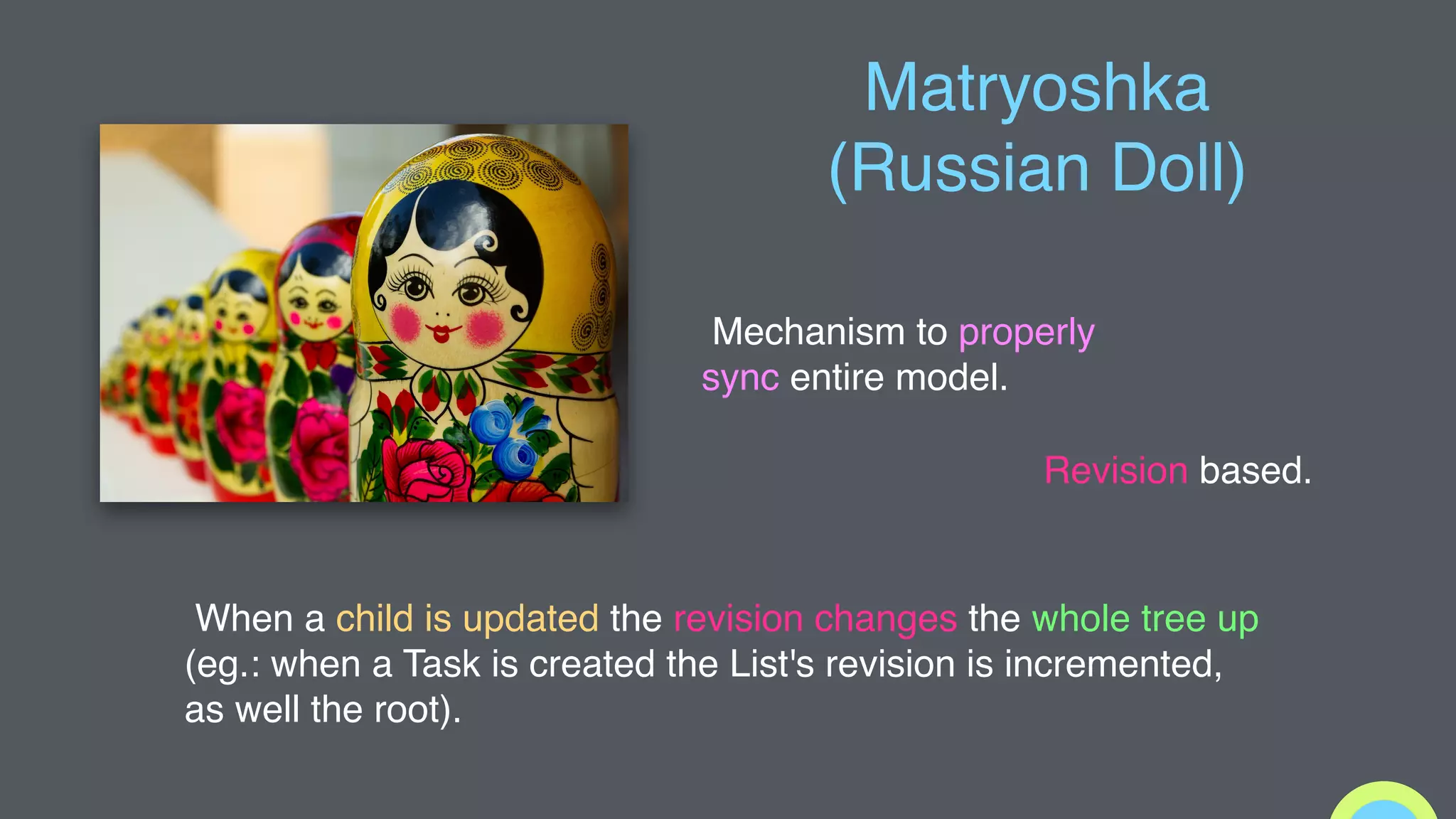 Matryoshka
(Russian Doll)
Mechanism to properly
sync entire model.
Revision based.
When a child is updated the revision changes the whole tree up
(eg.: when a Task is created the List's revision is incremented,
as well the root).
 