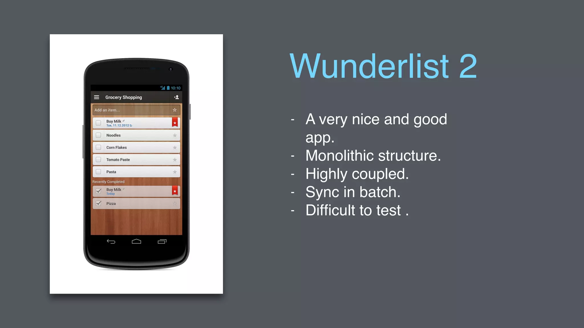 - A very nice and good
app.
- Monolithic structure.
- Highly coupled.
- Sync in batch.
- Difﬁcult to test .
Wunderlist 2
 