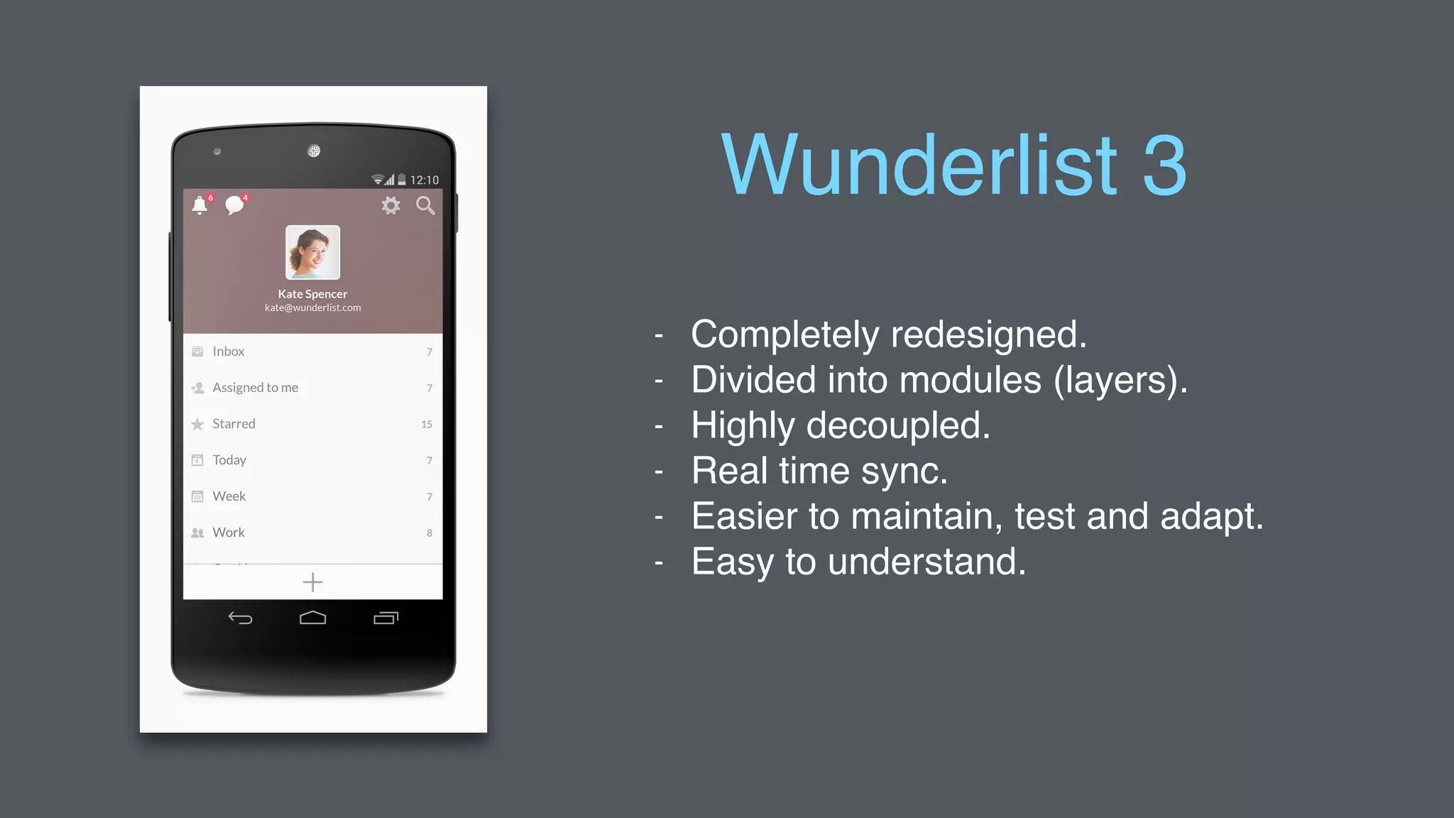 Wunderlist 3
- Completely redesigned.
- Divided into modules (layers).
- Highly decoupled.
- Real time sync.
- Easier to maintain, test and adapt.
- Easy to understand.
 