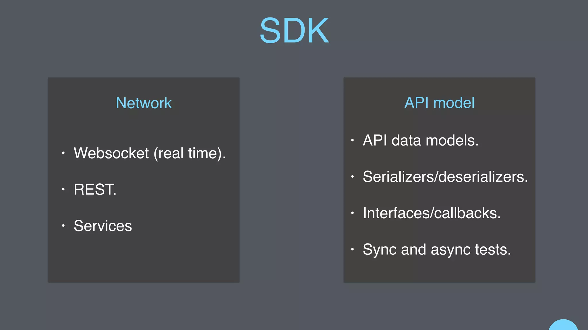• Websocket (real time).
• REST.
• Services
Network
• API data models.
• Serializers/deserializers.
• Interfaces/callbacks.
• Sync and async tests.
API model
SDK
 