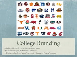 College Branding
Universities, colleges, and their sports teams
Academic majors, fraternities/sororities
The type of colle...