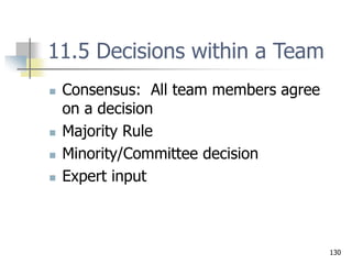 130
11.5 Decisions within a Team
 Consensus: All team members agree
on a decision
 Majority Rule
 Minority/Committee decision
 Expert input
 
