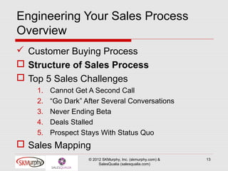 Engineering Your Sales Process
Overview
 Customer Buying Process
 Structure of Sales Process
 Top 5 Sales Challenges
    1.   Cannot Get A Second Call
    2.   “Go Dark” After Several Conversations
    3.   Never Ending Beta
    4.   Deals Stalled
    5.   Prospect Stays With Status Quo
 Sales Mapping
                    © 2012 SKMurphy, Inc. (skmurphy.com) &   13
                         SalesQualia (salesqualia.com)
 