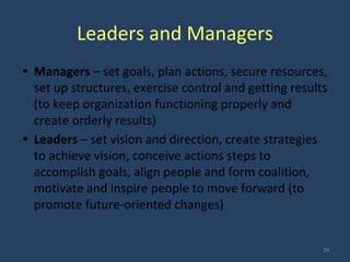 Leaders and Managers
• Managers – set goals, plan actions, secure resources,
set up structures, exercise control and getting results
(to keep organization functioning properly and
create orderly results)
• Leaders – set vision and direction, create strategies
to achieve vision, conceive actions steps to
accomplish goals, align people and form coalition,
motivate and inspire people to move forward (to
promote future-oriented changes)
24
 