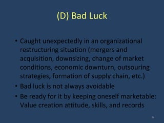 (D) Bad Luck
• Caught unexpectedly in an organizational
restructuring situation (mergers and
acquisition, downsizing, change of market
conditions, economic downturn, outsouring
strategies, formation of supply chain, etc.)
• Bad luck is not always avoidable
• Be ready for it by keeping oneself marketable:
Value creation attitude, skills, and records
34
 