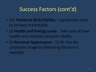 Success Factors (cont’d)
• (H) Technical Skills/Ability - Capabilities need
to be kept marketable
• (I) Health and Energy Level - Take care of own
health and maintain physical vitality
• (J) Personal Appearance - To fit into the
corporate image by following the boss’s
example
44
 