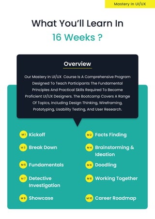 Mastery In UI/UX
What you’ll learn in
16 weeks ?
Our Mastery in UI/UX course is a comprehensive program
designed to teach participants the fundamental
principles and practical skills required to become
proficient UI/UX designers. The bootcamp covers a range
of topics, including design thinking, wireframing,
prototyping, usability testing, and user research.
overview
Kickoff
m 1 Facts Finding
m 2
detective
Investigation
m 7 Working Together
m 8
Showcase
m 9 Career Roadmap
m 10
Brainstorming &
Ideation
m 4
Fundamentals
m 5 Doodling
m 6
Break Down
m 3
 