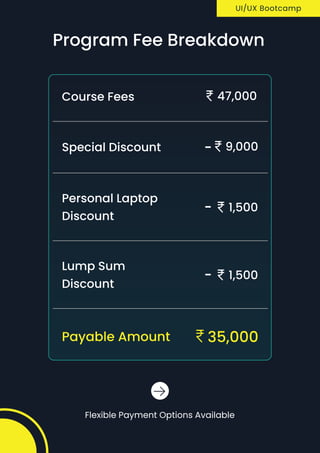 UI/UX Bootcamp
Program Fee Breakdown
Flexible Payment Options Available
Course Fees 47,000
Special Discount 9,000
-
Personal Laptop
Discount
1,500
-
lump sum
discount
1,500
-
Payable Amount 35,000
 