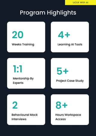 Program Highlights
20
Weeks training
5+
Project Case Study
4+
Learning AI Tools
8+
Hours workspace
access
1:1
Mentorship by
Experts
uI/UX With AI
2
Behavioural Mock
Interviews
 