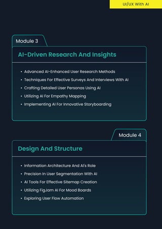 Module 3
AI-Driven Research and Insights
Advanced AI-enhanced user research method
Techniques for effective surveys and interviews with A
Crafting detailed user personas using A
Utilizing AI for empathy mappin
Implementing AI for innovative storyboarding
Module 4
Design and Structure
Information Architecture and AI's rol
Precision in user segmentation with A
AI tools for effective sitemap creatio
Utilizing FigJam AI for mood board
Exploring user flow automation
uI/UX With AI
 