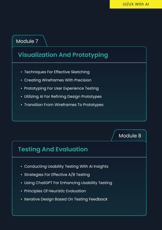 Module 7
Visualization and Prototyping
Techniques for effective sketchin
Creating wireframes with precisio
Prototyping for user experience testin
Utilizing AI for refining design prototype
Transition from wireframes to prototypes
Module 8
Testing and Evaluation
Conducting usability testing with AI insight
Strategies for effective A/B testin
Using ChatGPT for enhancing usability testin
Principles of heuristic evaluatio
Iterative design based on testing feedback
uI/UX With AI
 