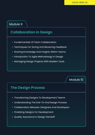 Module 9
Collaboration in Design
Fundamentals of team collaboratio
Techniques for giving and receiving feedbac
Sharing knowledge and insights within team
Introduction to Agile methodology in desig
Managing design projects with modern tools
Module 10
The Design Process
Transitioning designs to development team
Understanding the end-to-end design proces
Collaboration between designers and developer
Finalizing designs for developmen
Quality assurance in design handoff
uI/UX With AI
 