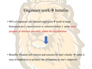 Engineers work benefits
• 90% of engineers are salaried employees work in large
bureaucracies ( organizations or administrations ) under great
pressure to function smoothly within the organization
• Benefits :Prudent self interest and concern for one’s family  make it
easy to emphasize as primary the obligations to one‘s employer
11
 