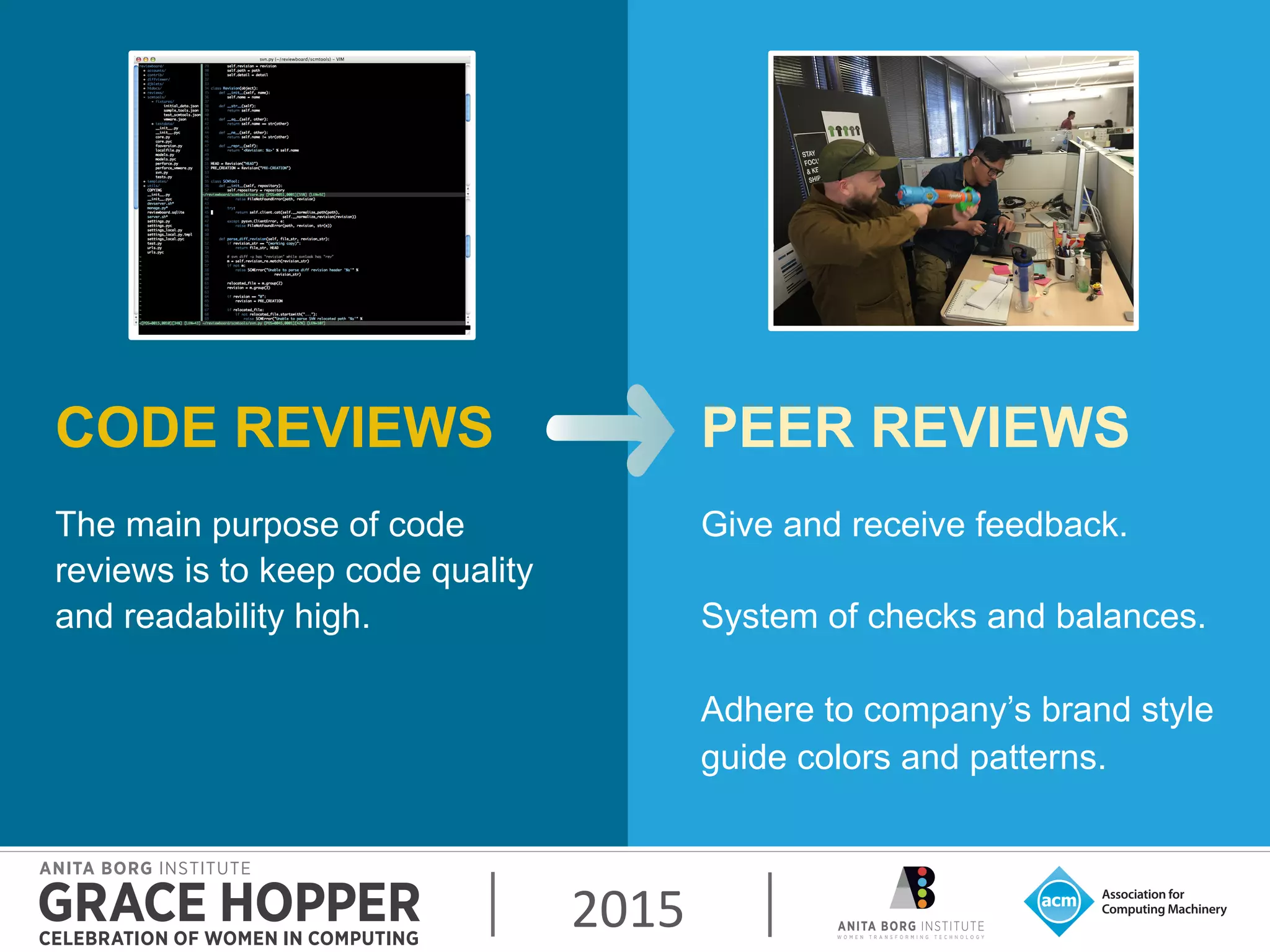 2015	
  
CODE REVIEWS
The main purpose of code
reviews is to keep code quality
and readability high.
PEER REVIEWS
Give and receive feedback.
System of checks and balances.
Adhere to company’s brand style
guide colors and patterns.
 