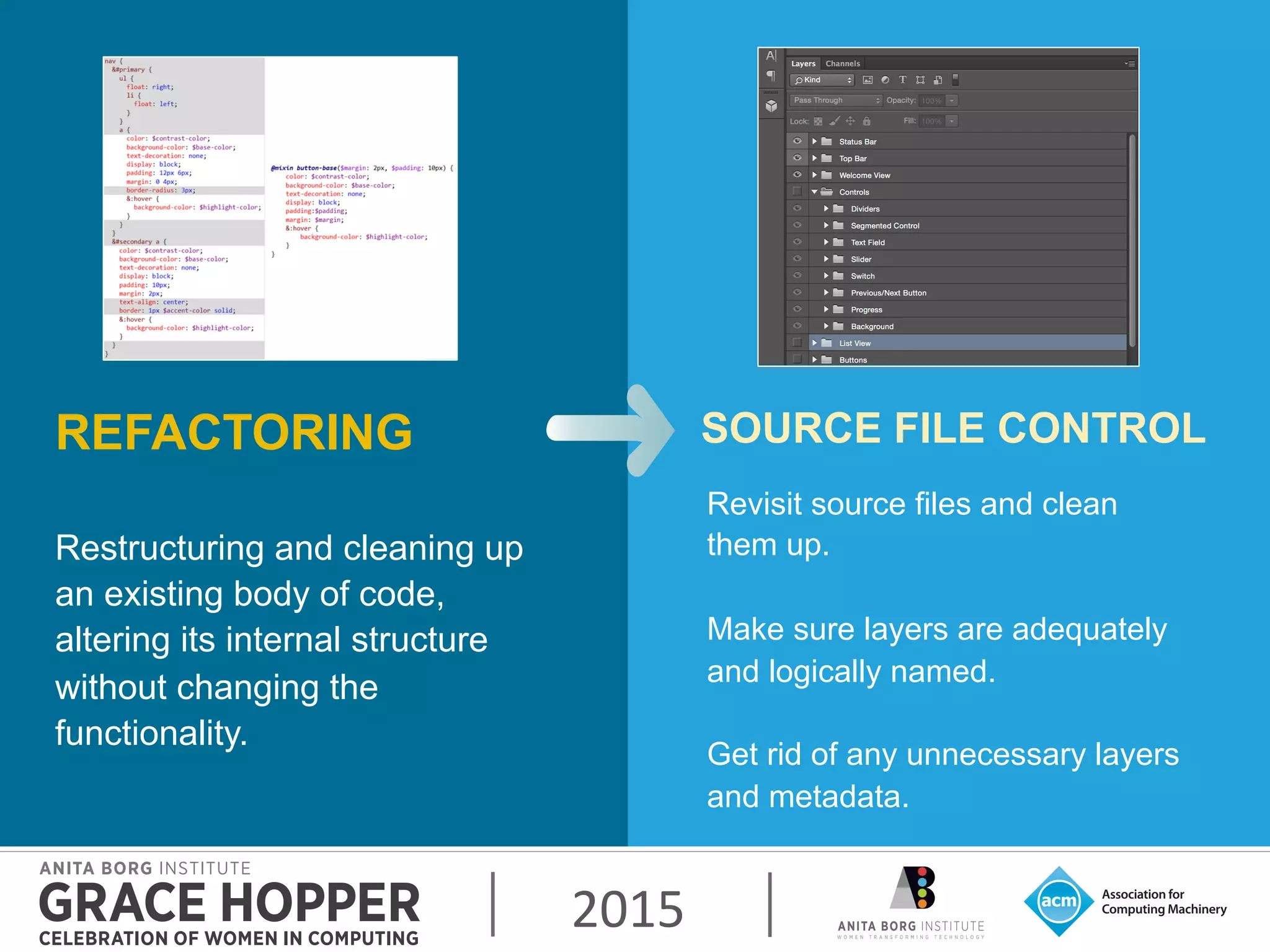 2015	
  
REFACTORING
Restructuring and cleaning up
an existing body of code,
altering its internal structure
without changing the
functionality.
SOURCE FILE CONTROL
Revisit source files and clean
them up.
Make sure layers are adequately
and logically named.
Get rid of any unnecessary layers
and metadata.
 