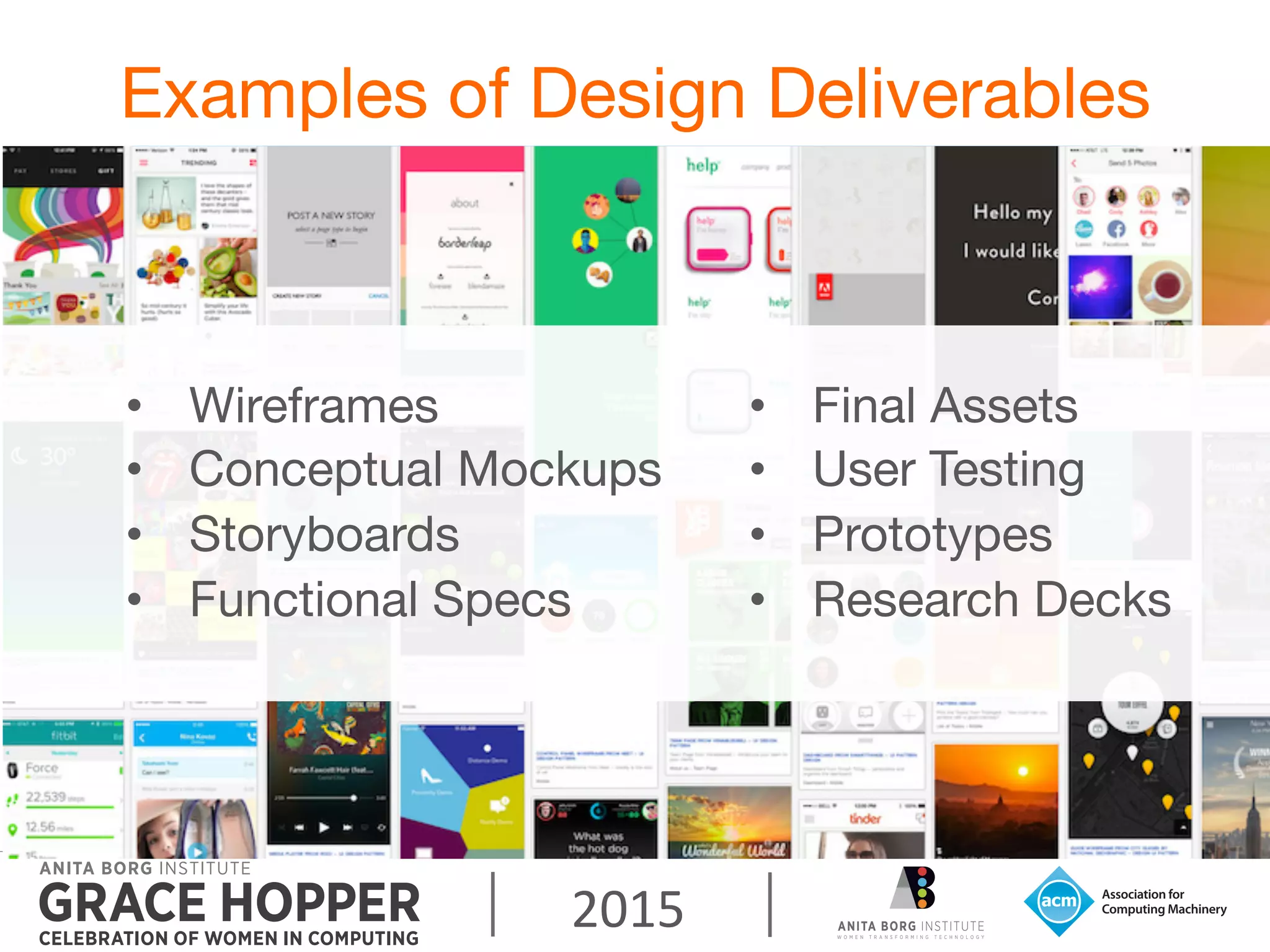 2015	
  
Examples of Design Deliverables
•  Wireframes 
•  Conceptual Mockups 
•  Storyboards
•  Functional Specs 
•  Final Assets 
•  User Testing 
•  Prototypes
•  Research Decks
 