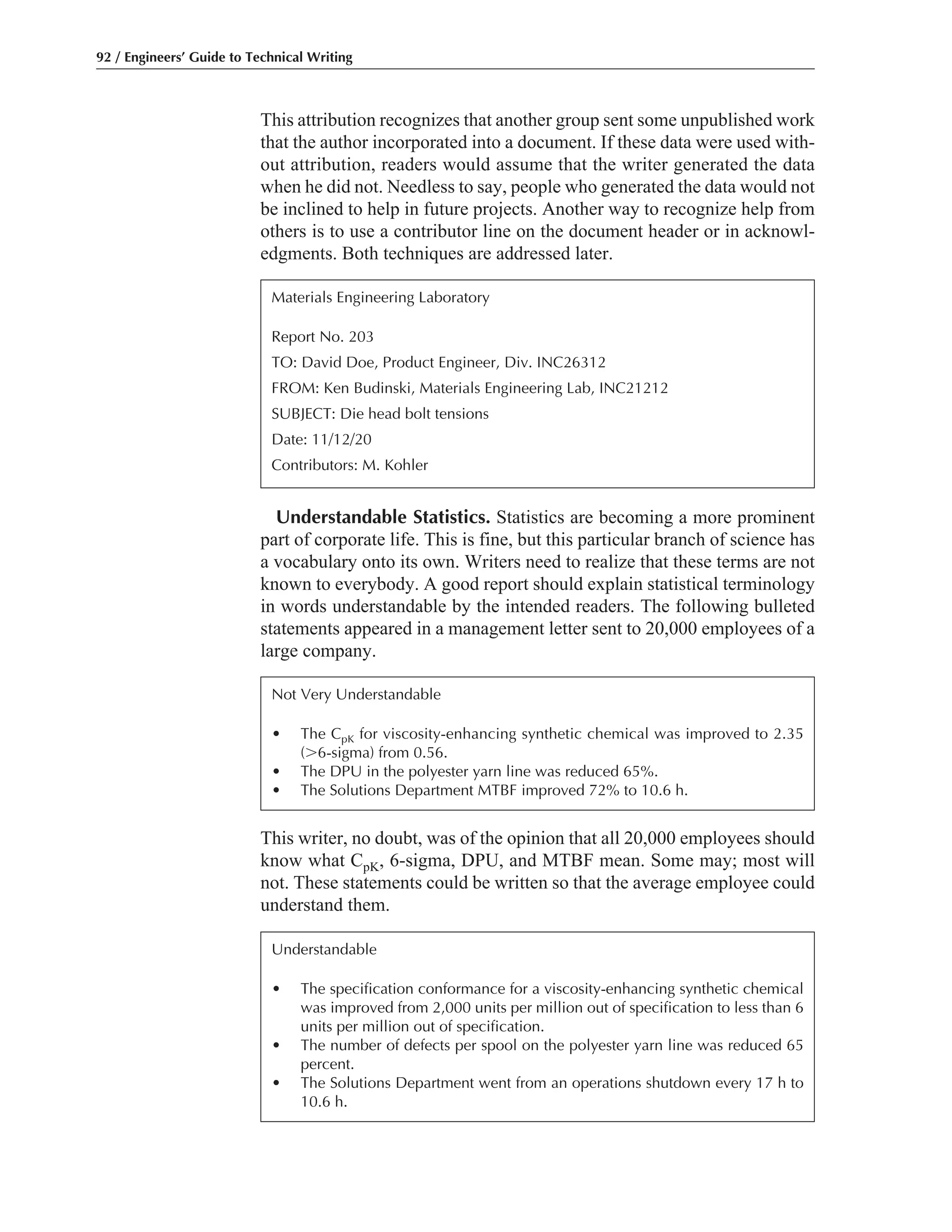 This writer, no doubt, was of the opinion that all 20,000 employees should
know what CpK, 6-sigma, DPU, and MTBF mean. Some may; most will
not. These statements could be written so that the average employee could
understand them.
Understandable Statistics. Statistics are becoming a more prominent
part of corporate life. This is fine, but this particular branch of science has
a vocabulary onto its own. Writers need to realize that these terms are not
known to everybody. A good report should explain statistical terminology
in words understandable by the intended readers. The following bulleted
statements appeared in a management letter sent to 20,000 employees of a
large company.
This attribution recognizes that another group sent some unpublished work
that the author incorporated into a document. If these data were used with-
out attribution, readers would assume that the writer generated the data
when he did not. Needless to say, people who generated the data would not
be inclined to help in future projects. Another way to recognize help from
others is to use a contributor line on the document header or in acknowl-
edgments. Both techniques are addressed later.
92 / Engineers’ Guide to Technical Writing
Materials Engineering Laboratory
Report No. 203
TO: David Doe, Product Engineer, Div. INC26312
FROM: Ken Budinski, Materials Engineering Lab, INC21212
SUBJECT: Die head bolt tensions
Date: 11/12/20
Contributors: M. Kohler
Not Very Understandable
• The CpK for viscosity-enhancing synthetic chemical was improved to 2.35
(Ͼ6-sigma) from 0.56.
• The DPU in the polyester yarn line was reduced 65%.
• The Solutions Department MTBF improved 72% to 10.6 h.
Understandable
• The specification conformance for a viscosity-enhancing synthetic chemical
was improved from 2,000 units per million out of specification to less than 6
units per million out of specification.
• The number of defects per spool on the polyester yarn line was reduced 65
percent.
• The Solutions Department went from an operations shutdown every 17 h to
10.6 h.
 