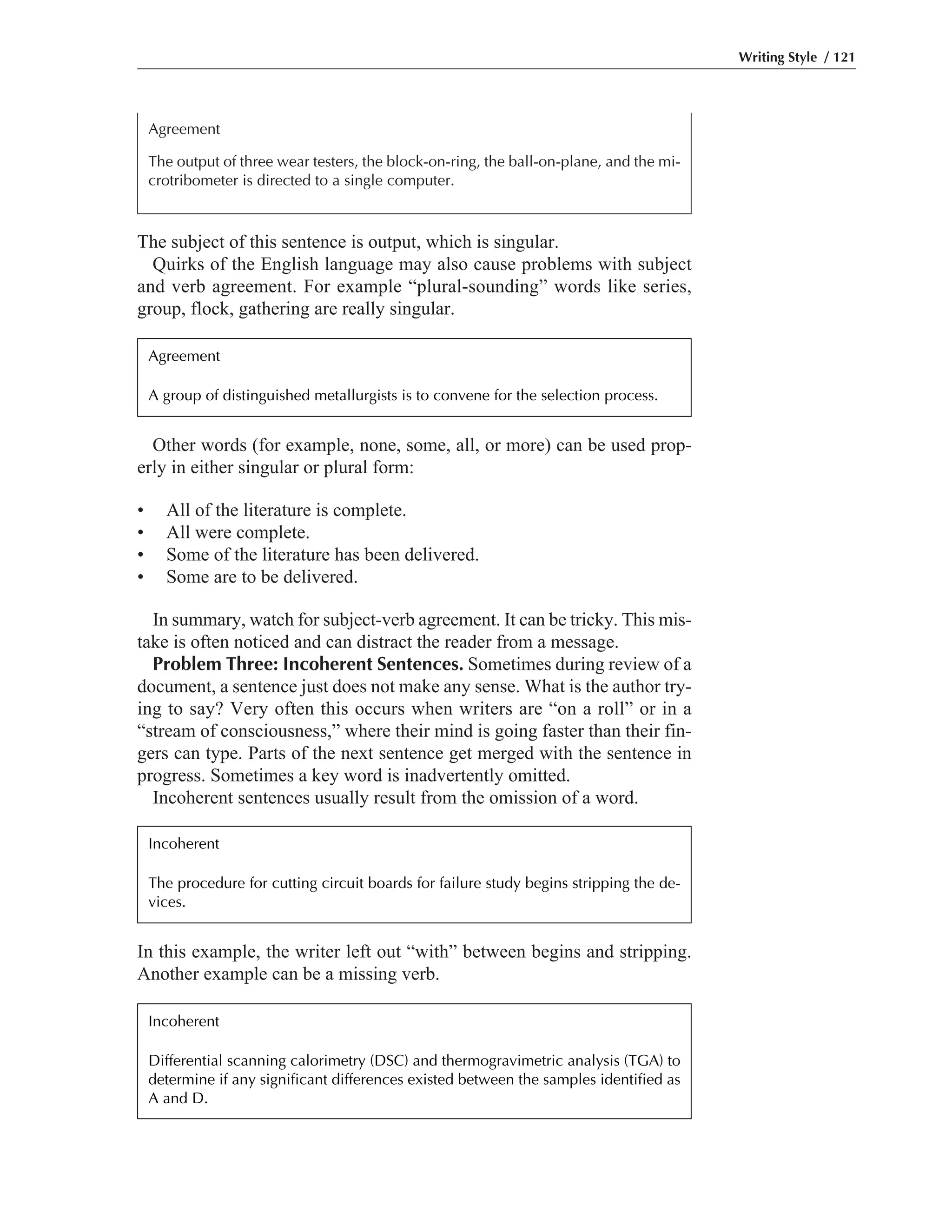 In this example, the writer left out “with” between begins and stripping.
Another example can be a missing verb.
Other words (for example, none, some, all, or more) can be used prop-
erly in either singular or plural form:
• All of the literature is complete.
• All were complete.
• Some of the literature has been delivered.
• Some are to be delivered.
In summary, watch for subject-verb agreement. It can be tricky. This mis-
take is often noticed and can distract the reader from a message.
Problem Three: Incoherent Sentences. Sometimes during review of a
document, a sentence just does not make any sense. What is the author try-
ing to say? Very often this occurs when writers are “on a roll” or in a
“stream of consciousness,” where their mind is going faster than their fin-
gers can type. Parts of the next sentence get merged with the sentence in
progress. Sometimes a key word is inadvertently omitted.
Incoherent sentences usually result from the omission of a word.
The subject of this sentence is output, which is singular.
Quirks of the English language may also cause problems with subject
and verb agreement. For example “plural-sounding” words like series,
group, flock, gathering are really singular.
Writing Style / 121
Agreement
The output of three wear testers, the block-on-ring, the ball-on-plane, and the mi-
crotribometer is directed to a single computer.
Agreement
A group of distinguished metallurgists is to convene for the selection process.
Incoherent
The procedure for cutting circuit boards for failure study begins stripping the de-
vices.
Incoherent
Differential scanning calorimetry (DSC) and thermogravimetric analysis (TGA) to
determine if any significant differences existed between the samples identified as
A and D.
 