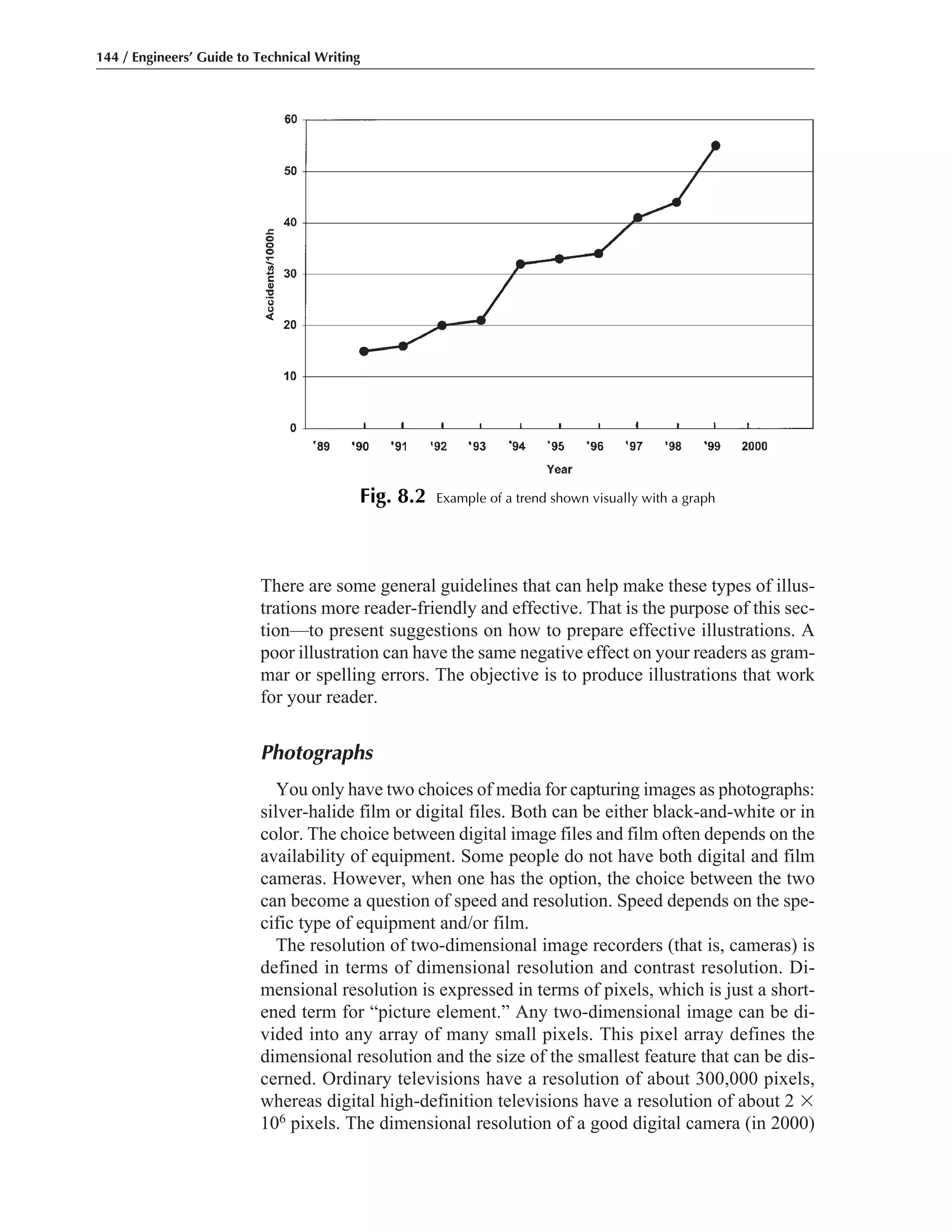 There are some general guidelines that can help make these types of illus-
trations more reader-friendly and effective. That is the purpose of this sec-
tion—to present suggestions on how to prepare effective illustrations. A
poor illustration can have the same negative effect on your readers as gram-
mar or spelling errors. The objective is to produce illustrations that work
for your reader.
Photographs
You only have two choices of media for capturing images as photographs:
silver-halide film or digital files. Both can be either black-and-white or in
color. The choice between digital image files and film often depends on the
availability of equipment. Some people do not have both digital and film
cameras. However, when one has the option, the choice between the two
can become a question of speed and resolution. Speed depends on the spe-
cific type of equipment and/or film.
The resolution of two-dimensional image recorders (that is, cameras) is
defined in terms of dimensional resolution and contrast resolution. Di-
mensional resolution is expressed in terms of pixels, which is just a short-
ened term for “picture element.” Any two-dimensional image can be di-
vided into any array of many small pixels. This pixel array defines the
dimensional resolution and the size of the smallest feature that can be dis-
cerned. Ordinary televisions have a resolution of about 300,000 pixels,
whereas digital high-definition televisions have a resolution of about 2 ϫ
106 pixels. The dimensional resolution of a good digital camera (in 2000)
144 / Engineers’ Guide to Technical Writing
Fig. 8.2 Example of a trend shown visually with a graph
 