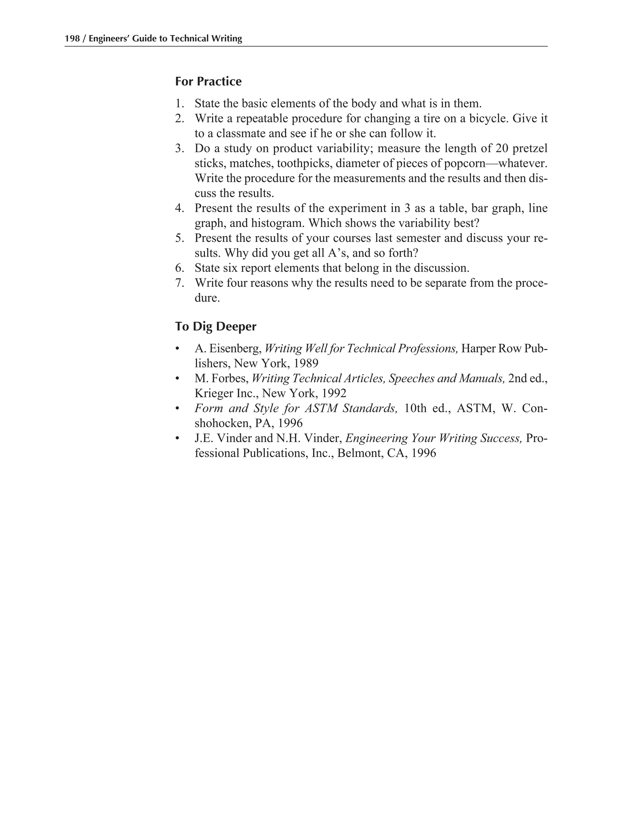 For Practice
1. State the basic elements of the body and what is in them.
2. Write a repeatable procedure for changing a tire on a bicycle. Give it
to a classmate and see if he or she can follow it.
3. Do a study on product variability; measure the length of 20 pretzel
sticks, matches, toothpicks, diameter of pieces of popcorn—whatever.
Write the procedure for the measurements and the results and then dis-
cuss the results.
4. Present the results of the experiment in 3 as a table, bar graph, line
graph, and histogram. Which shows the variability best?
5. Present the results of your courses last semester and discuss your re-
sults. Why did you get all A’s, and so forth?
6. State six report elements that belong in the discussion.
7. Write four reasons why the results need to be separate from the proce-
dure.
To Dig Deeper
• A. Eisenberg, Writing Well for Technical Professions, Harper Row Pub-
lishers, New York, 1989
• M. Forbes, Writing Technical Articles, Speeches and Manuals, 2nd ed.,
Krieger Inc., New York, 1992
• Form and Style for ASTM Standards, 10th ed., ASTM, W. Con-
shohocken, PA, 1996
• J.E. Vinder and N.H. Vinder, Engineering Your Writing Success, Pro-
fessional Publications, Inc., Belmont, CA, 1996
198 / Engineers’ Guide to Technical Writing
 