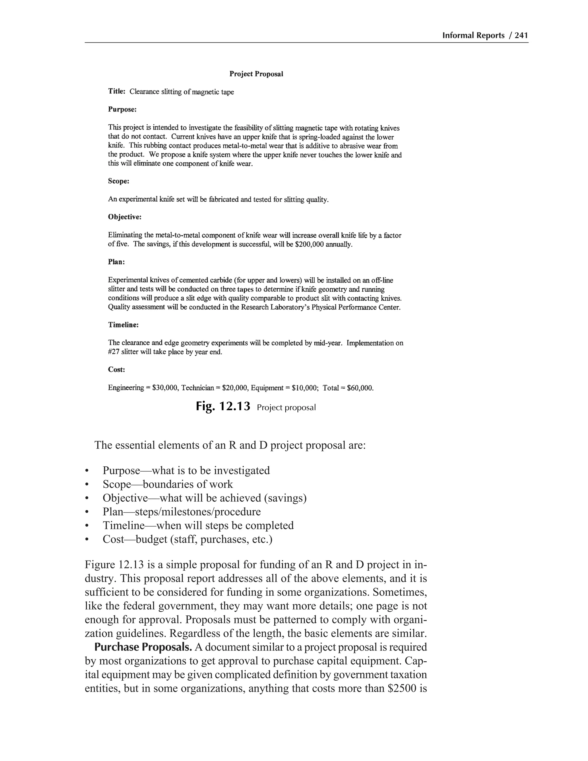 The essential elements of an R and D project proposal are:
• Purpose—what is to be investigated
• Scope—boundaries of work
• Objective—what will be achieved (savings)
• Plan—steps/milestones/procedure
• Timeline—when will steps be completed
• Cost—budget (staff, purchases, etc.)
Figure 12.13 is a simple proposal for funding of an R and D project in in-
dustry. This proposal report addresses all of the above elements, and it is
sufficient to be considered for funding in some organizations. Sometimes,
like the federal government, they may want more details; one page is not
enough for approval. Proposals must be patterned to comply with organi-
zation guidelines. Regardless of the length, the basic elements are similar.
Purchase Proposals. A document similar to a project proposal is required
by most organizations to get approval to purchase capital equipment. Cap-
ital equipment may be given complicated definition by government taxation
entities, but in some organizations, anything that costs more than $2500 is
Informal Reports / 241
Fig. 12.13 Project proposal
 
