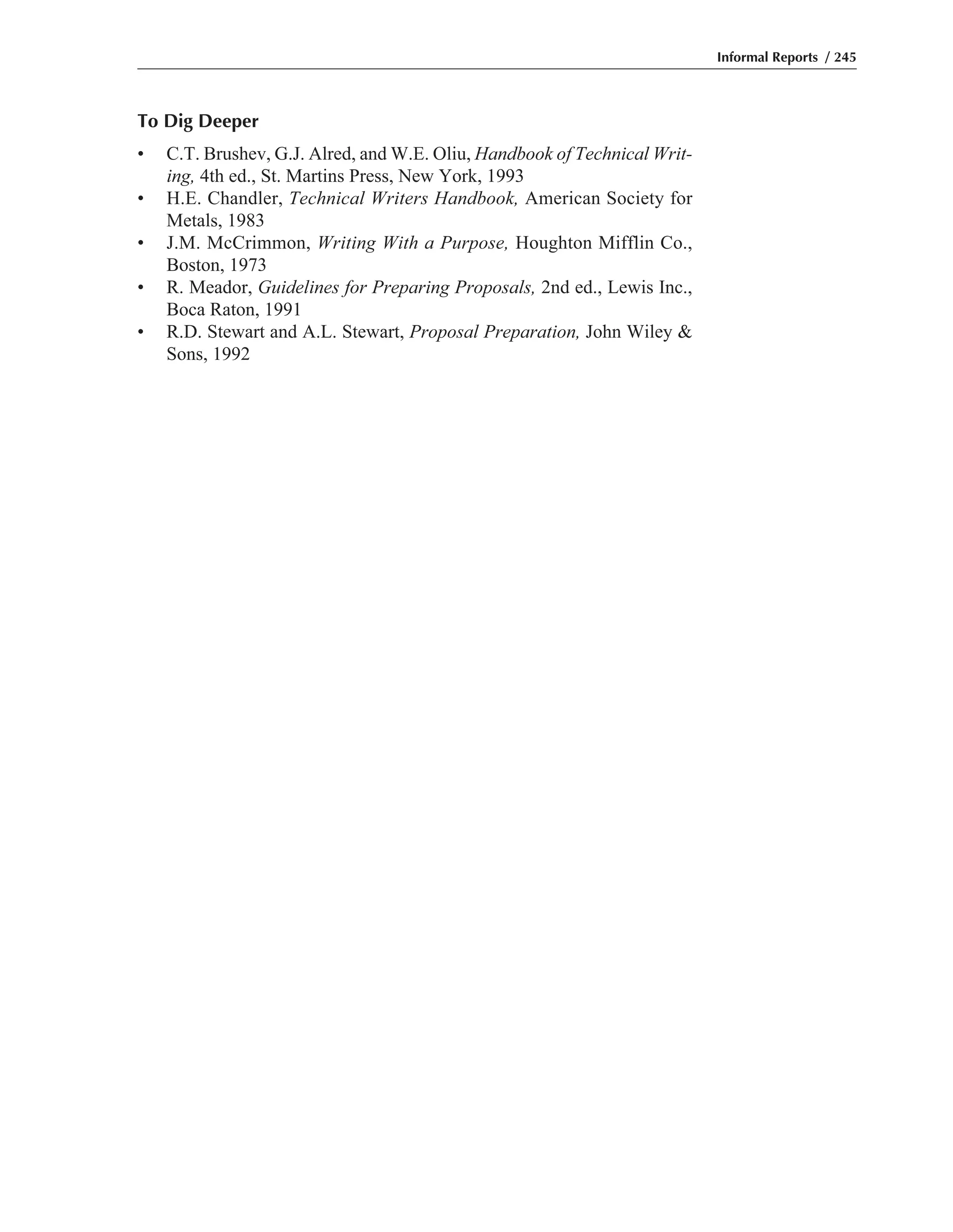 To Dig Deeper
• C.T. Brushev, G.J. Alred, and W.E. Oliu, Handbook of Technical Writ-
ing, 4th ed., St. Martins Press, New York, 1993
• H.E. Chandler, Technical Writers Handbook, American Society for
Metals, 1983
• J.M. McCrimmon, Writing With a Purpose, Houghton Mifflin Co.,
Boston, 1973
• R. Meador, Guidelines for Preparing Proposals, 2nd ed., Lewis Inc.,
Boca Raton, 1991
• R.D. Stewart and A.L. Stewart, Proposal Preparation, John Wiley &
Sons, 1992
Informal Reports / 245
 