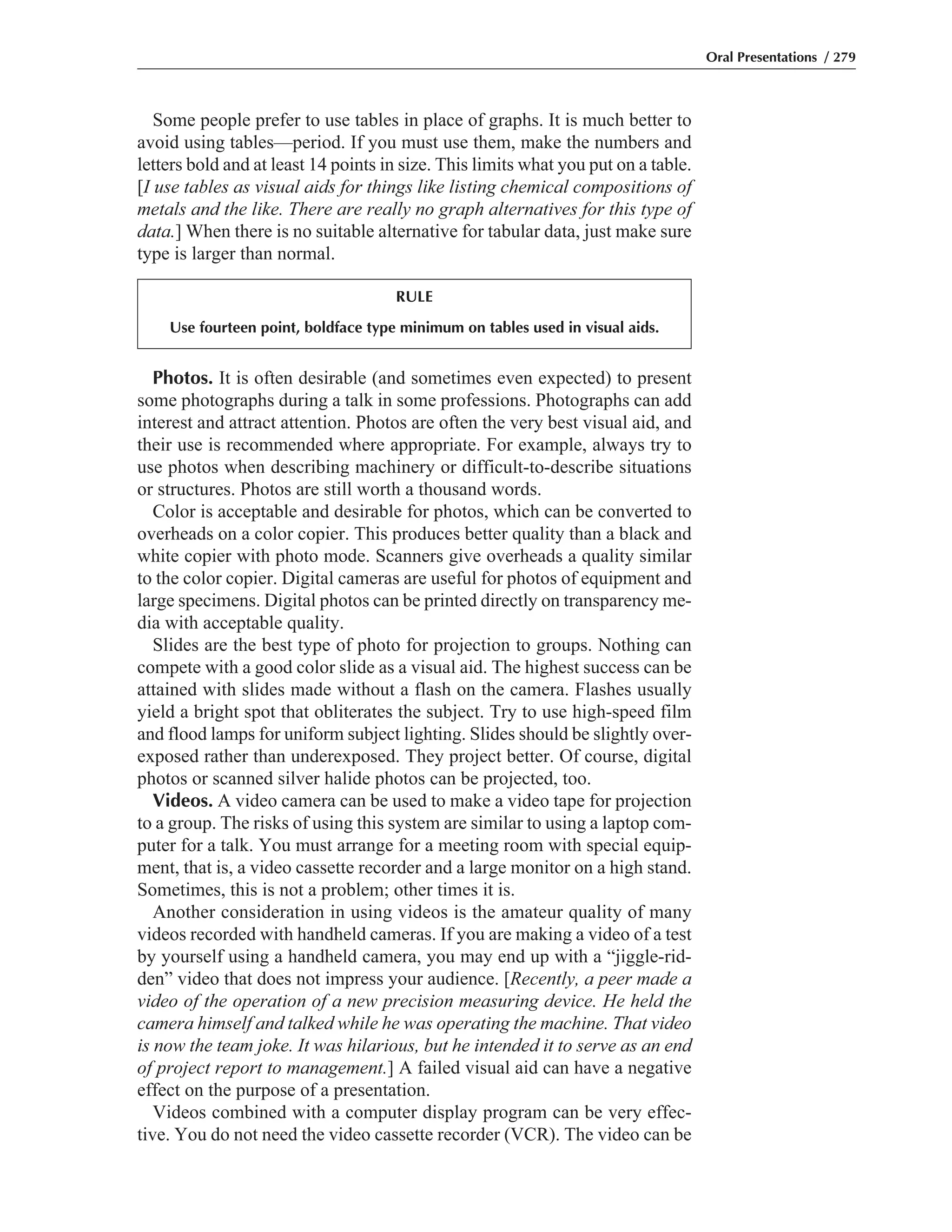 Photos. It is often desirable (and sometimes even expected) to present
some photographs during a talk in some professions. Photographs can add
interest and attract attention. Photos are often the very best visual aid, and
their use is recommended where appropriate. For example, always try to
use photos when describing machinery or difficult-to-describe situations
or structures. Photos are still worth a thousand words.
Color is acceptable and desirable for photos, which can be converted to
overheads on a color copier. This produces better quality than a black and
white copier with photo mode. Scanners give overheads a quality similar
to the color copier. Digital cameras are useful for photos of equipment and
large specimens. Digital photos can be printed directly on transparency me-
dia with acceptable quality.
Slides are the best type of photo for projection to groups. Nothing can
compete with a good color slide as a visual aid. The highest success can be
attained with slides made without a flash on the camera. Flashes usually
yield a bright spot that obliterates the subject. Try to use high-speed film
and flood lamps for uniform subject lighting. Slides should be slightly over-
exposed rather than underexposed. They project better. Of course, digital
photos or scanned silver halide photos can be projected, too.
Videos. A video camera can be used to make a video tape for projection
to a group. The risks of using this system are similar to using a laptop com-
puter for a talk. You must arrange for a meeting room with special equip-
ment, that is, a video cassette recorder and a large monitor on a high stand.
Sometimes, this is not a problem; other times it is.
Another consideration in using videos is the amateur quality of many
videos recorded with handheld cameras. If you are making a video of a test
by yourself using a handheld camera, you may end up with a “jiggle-rid-
den” video that does not impress your audience. [Recently, a peer made a
video of the operation of a new precision measuring device. He held the
camera himself and talked while he was operating the machine. That video
is now the team joke. It was hilarious, but he intended it to serve as an end
of project report to management.] A failed visual aid can have a negative
effect on the purpose of a presentation.
Videos combined with a computer display program can be very effec-
tive. You do not need the video cassette recorder (VCR). The video can be
Some people prefer to use tables in place of graphs. It is much better to
avoid using tables—period. If you must use them, make the numbers and
letters bold and at least 14 points in size. This limits what you put on a table.
[I use tables as visual aids for things like listing chemical compositions of
metals and the like. There are really no graph alternatives for this type of
data.] When there is no suitable alternative for tabular data, just make sure
type is larger than normal.
Oral Presentations / 279
RULE
Use fourteen point, boldface type minimum on tables used in visual aids.
 