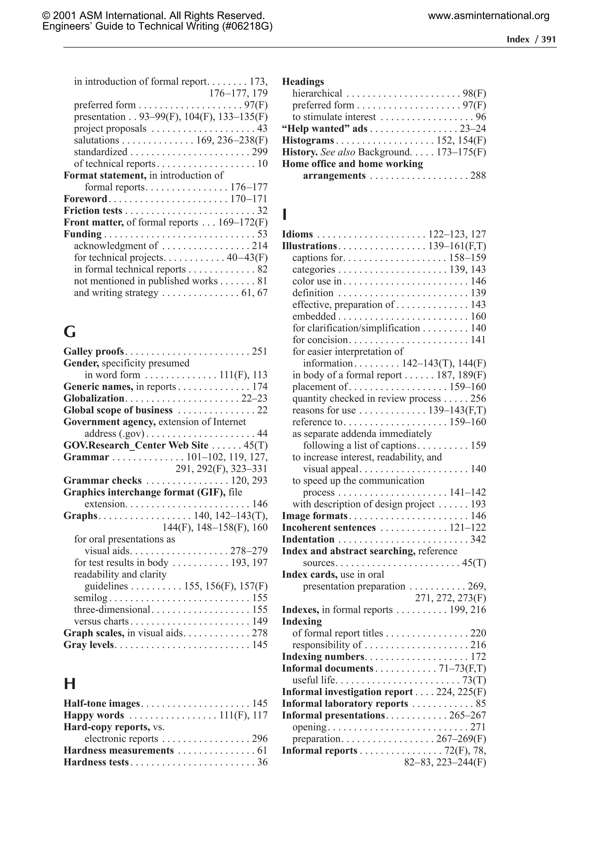 Index / 391
in introduction of formal report. . . . . . . . 173,
176–177, 179
preferred form . . . . . . . . . . . . . . . . . . . . 97(F)
presentation . . 93–99(F), 104(F), 133–135(F)
project proposals . . . . . . . . . . . . . . . . . . . . 43
salutations . . . . . . . . . . . . . . 169, 236–238(F)
standardized . . . . . . . . . . . . . . . . . . . . . . . 299
of technical reports. . . . . . . . . . . . . . . . . . . 10
Format statement, in introduction of
formal reports. . . . . . . . . . . . . . . . 176–177
Foreword. . . . . . . . . . . . . . . . . . . . . . . 170–171
Friction tests . . . . . . . . . . . . . . . . . . . . . . . . . 32
Front matter, of formal reports . . . 169–172(F)
Funding . . . . . . . . . . . . . . . . . . . . . . . . . . . . . 53
acknowledgment of . . . . . . . . . . . . . . . . . 214
for technical projects. . . . . . . . . . . . 40–43(F)
in formal technical reports . . . . . . . . . . . . . 82
not mentioned in published works . . . . . . . 81
and writing strategy . . . . . . . . . . . . . . . 61, 67
G
Galley proofs. . . . . . . . . . . . . . . . . . . . . . . . 251
Gender, specificity presumed
in word form . . . . . . . . . . . . . . 111(F), 113
Generic names, in reports . . . . . . . . . . . . . . 174
Globalization. . . . . . . . . . . . . . . . . . . . . . 22–23
Global scope of business . . . . . . . . . . . . . . . 22
Government agency, extension of Internet
address (.gov) . . . . . . . . . . . . . . . . . . . . . 44
GOV.Research_Center Web Site . . . . . . 45(T)
Grammar . . . . . . . . . . . . . . 101–102, 119, 127,
291, 292(F), 323–331
Grammar checks . . . . . . . . . . . . . . . . 120, 293
Graphics interchange format (GIF), file
extension. . . . . . . . . . . . . . . . . . . . . . . . 146
Graphs. . . . . . . . . . . . . . . . . . 140, 142–143(T),
144(F), 148–158(F), 160
for oral presentations as
visual aids. . . . . . . . . . . . . . . . . . . 278–279
for test results in body . . . . . . . . . . . 193, 197
readability and clarity
guidelines . . . . . . . . . . 155, 156(F), 157(F)
semilog . . . . . . . . . . . . . . . . . . . . . . . . . . . 155
three-dimensional. . . . . . . . . . . . . . . . . . . 155
versus charts. . . . . . . . . . . . . . . . . . . . . . . 149
Graph scales, in visual aids. . . . . . . . . . . . . 278
Gray levels. . . . . . . . . . . . . . . . . . . . . . . . . . 145
H
Half-tone images. . . . . . . . . . . . . . . . . . . . . 145
Happy words . . . . . . . . . . . . . . . . . 111(F), 117
Hard-copy reports, vs.
electronic reports . . . . . . . . . . . . . . . . . 296
Hardness measurements . . . . . . . . . . . . . . . 61
Hardness tests. . . . . . . . . . . . . . . . . . . . . . . . 36
Headings
hierarchical . . . . . . . . . . . . . . . . . . . . . . 98(F)
preferred form . . . . . . . . . . . . . . . . . . . . 97(F)
to stimulate interest . . . . . . . . . . . . . . . . . . 96
“Help wanted” ads . . . . . . . . . . . . . . . . . 23–24
Histograms . . . . . . . . . . . . . . . . . . . 152, 154(F)
History. See also Background. . . . . 173–175(F)
Home office and home working
arrangements . . . . . . . . . . . . . . . . . . . 288
I
Idioms . . . . . . . . . . . . . . . . . . . . . 122–123, 127
Illustrations. . . . . . . . . . . . . . . . . 139–161(F,T)
captions for. . . . . . . . . . . . . . . . . . . . 158–159
categories . . . . . . . . . . . . . . . . . . . . . 139, 143
color use in . . . . . . . . . . . . . . . . . . . . . . . . 146
definition . . . . . . . . . . . . . . . . . . . . . . . . . 139
effective, preparation of . . . . . . . . . . . . . . 143
embedded . . . . . . . . . . . . . . . . . . . . . . . . . 160
for clarification/simplification . . . . . . . . . 140
for concision. . . . . . . . . . . . . . . . . . . . . . . 141
for easier interpretation of
information. . . . . . . . . 142–143(T), 144(F)
in body of a formal report . . . . . . 187, 189(F)
placement of. . . . . . . . . . . . . . . . . . . 159–160
quantity checked in review process . . . . . 256
reasons for use . . . . . . . . . . . . . 139–143(F,T)
reference to. . . . . . . . . . . . . . . . . . . . 159–160
as separate addenda immediately
following a list of captions. . . . . . . . . . 159
to increase interest, readability, and
visual appeal. . . . . . . . . . . . . . . . . . . . . 140
to speed up the communication
process . . . . . . . . . . . . . . . . . . . . . 141–142
with description of design project . . . . . . 193
Image formats. . . . . . . . . . . . . . . . . . . . . . . 146
Incoherent sentences . . . . . . . . . . . . . 121–122
Indentation . . . . . . . . . . . . . . . . . . . . . . . . . 342
Index and abstract searching, reference
sources. . . . . . . . . . . . . . . . . . . . . . . . 45(T)
Index cards, use in oral
presentation preparation . . . . . . . . . . . 269,
271, 272, 273(F)
Indexes, in formal reports . . . . . . . . . . 199, 216
Indexing
of formal report titles . . . . . . . . . . . . . . . . 220
responsibility of . . . . . . . . . . . . . . . . . . . . 216
Indexing numbers. . . . . . . . . . . . . . . . . . . . 172
Informal documents . . . . . . . . . . . . 71–73(F,T)
useful life. . . . . . . . . . . . . . . . . . . . . . . . 73(T)
Informal investigation report . . . . 224, 225(F)
Informal laboratory reports . . . . . . . . . . . . 85
Informal presentations. . . . . . . . . . . . 265–267
opening. . . . . . . . . . . . . . . . . . . . . . . . . . . 271
preparation. . . . . . . . . . . . . . . . . . 267–269(F)
Informal reports . . . . . . . . . . . . . . . . 72(F), 78,
82–83, 223–244(F)
© 2001 ASM International. All Rights Reserved.
Engineers’ Guide to Technical Writing (#06218G)
www.asminternational.org
 