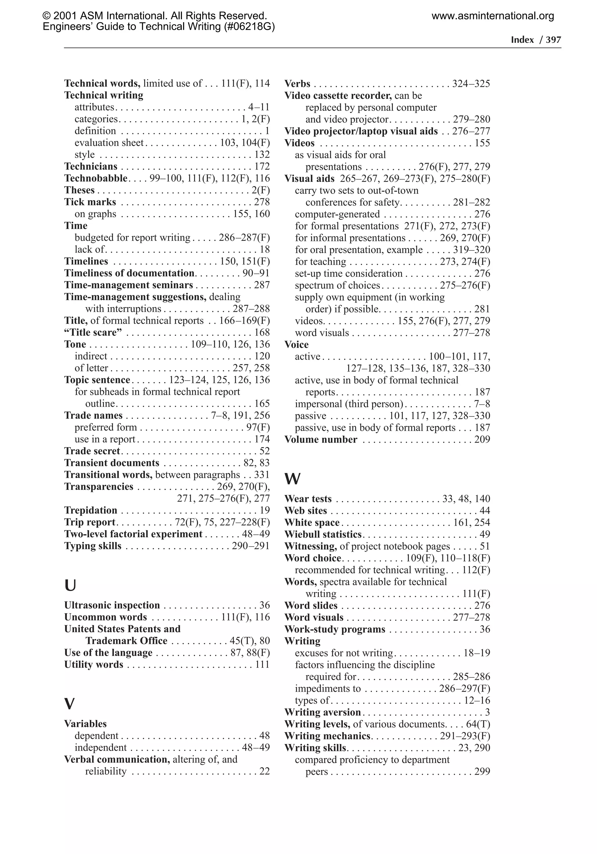 Index / 397
Technical words, limited use of . . . 111(F), 114
Technical writing
attributes. . . . . . . . . . . . . . . . . . . . . . . . . 4–11
categories. . . . . . . . . . . . . . . . . . . . . . . 1, 2(F)
definition . . . . . . . . . . . . . . . . . . . . . . . . . . . 1
evaluation sheet. . . . . . . . . . . . . . 103, 104(F)
style . . . . . . . . . . . . . . . . . . . . . . . . . . . . . 132
Technicians . . . . . . . . . . . . . . . . . . . . . . . . . 172
Technobabble. . . . 99–100, 111(F), 112(F), 116
Theses . . . . . . . . . . . . . . . . . . . . . . . . . . . . . 2(F)
Tick marks . . . . . . . . . . . . . . . . . . . . . . . . . 278
on graphs . . . . . . . . . . . . . . . . . . . . . 155, 160
Time
budgeted for report writing . . . . . 286–287(F)
lack of. . . . . . . . . . . . . . . . . . . . . . . . . . . . . 18
Timelines . . . . . . . . . . . . . . . . . . . . 150, 151(F)
Timeliness of documentation. . . . . . . . . 90–91
Time-management seminars . . . . . . . . . . . 287
Time-management suggestions, dealing
with interruptions . . . . . . . . . . . . . 287–288
Title, of formal technical reports . . 166–169(F)
“Title scare” . . . . . . . . . . . . . . . . . . . . . . . . 168
Tone . . . . . . . . . . . . . . . . . . . 109–110, 126, 136
indirect . . . . . . . . . . . . . . . . . . . . . . . . . . . 120
of letter . . . . . . . . . . . . . . . . . . . . . . . 257, 258
Topic sentence. . . . . . . 123–124, 125, 126, 136
for subheads in formal technical report
outline. . . . . . . . . . . . . . . . . . . . . . . . . . 165
Trade names . . . . . . . . . . . . . . . . 7–8, 191, 256
preferred form . . . . . . . . . . . . . . . . . . . . 97(F)
use in a report. . . . . . . . . . . . . . . . . . . . . . 174
Trade secret. . . . . . . . . . . . . . . . . . . . . . . . . . 52
Transient documents . . . . . . . . . . . . . . . 82, 83
Transitional words, between paragraphs . . 331
Transparencies . . . . . . . . . . . . . . . 269, 270(F),
271, 275–276(F), 277
Trepidation . . . . . . . . . . . . . . . . . . . . . . . . . . 19
Trip report. . . . . . . . . . . 72(F), 75, 227–228(F)
Two-level factorial experiment . . . . . . . 48–49
Typing skills . . . . . . . . . . . . . . . . . . . . 290–291
U
Ultrasonic inspection . . . . . . . . . . . . . . . . . . 36
Uncommon words . . . . . . . . . . . . . 111(F), 116
United States Patents and
Trademark Office . . . . . . . . . . . 45(T), 80
Use of the language . . . . . . . . . . . . . . 87, 88(F)
Utility words . . . . . . . . . . . . . . . . . . . . . . . . 111
V
Variables
dependent . . . . . . . . . . . . . . . . . . . . . . . . . . 48
independent . . . . . . . . . . . . . . . . . . . . . 48–49
Verbal communication, altering of, and
reliability . . . . . . . . . . . . . . . . . . . . . . . . 22
Verbs . . . . . . . . . . . . . . . . . . . . . . . . . . 324–325
Video cassette recorder, can be
replaced by personal computer
and video projector. . . . . . . . . . . . 279–280
Video projector/laptop visual aids . . 276–277
Videos . . . . . . . . . . . . . . . . . . . . . . . . . . . . . 155
as visual aids for oral
presentations . . . . . . . . . . 276(F), 277, 279
Visual aids 265–267, 269–273(F), 275–280(F)
carry two sets to out-of-town
conferences for safety. . . . . . . . . . 281–282
computer-generated . . . . . . . . . . . . . . . . . 276
for formal presentations 271(F), 272, 273(F)
for informal presentations . . . . . . 269, 270(F)
for oral presentation, example . . . . . 319–320
for teaching . . . . . . . . . . . . . . . . . 273, 274(F)
set-up time consideration . . . . . . . . . . . . . 276
spectrum of choices. . . . . . . . . . . 275–276(F)
supply own equipment (in working
order) if possible. . . . . . . . . . . . . . . . . . 281
videos. . . . . . . . . . . . . . 155, 276(F), 277, 279
word visuals . . . . . . . . . . . . . . . . . . . 277–278
Voice
active . . . . . . . . . . . . . . . . . . . . 100–101, 117,
127–128, 135–136, 187, 328–330
active, use in body of formal technical
reports. . . . . . . . . . . . . . . . . . . . . . . . . . 187
impersonal (third person). . . . . . . . . . . . . 7–8
passive . . . . . . . . . . . 101, 117, 127, 328–330
passive, use in body of formal reports . . . 187
Volume number . . . . . . . . . . . . . . . . . . . . . 209
W
Wear tests . . . . . . . . . . . . . . . . . . . . 33, 48, 140
Web sites . . . . . . . . . . . . . . . . . . . . . . . . . . . . 44
White space. . . . . . . . . . . . . . . . . . . . . 161, 254
Wiebull statistics. . . . . . . . . . . . . . . . . . . . . . 49
Witnessing, of project notebook pages . . . . . 51
Word choice. . . . . . . . . . . . 109(F), 110–118(F)
recommended for technical writing. . . 112(F)
Words, spectra available for technical
writing . . . . . . . . . . . . . . . . . . . . . . . 111(F)
Word slides . . . . . . . . . . . . . . . . . . . . . . . . . 276
Word visuals . . . . . . . . . . . . . . . . . . . . 277–278
Work-study programs . . . . . . . . . . . . . . . . . 36
Writing
excuses for not writing. . . . . . . . . . . . . 18–19
factors influencing the discipline
required for. . . . . . . . . . . . . . . . . . 285–286
impediments to . . . . . . . . . . . . . . 286–297(F)
types of. . . . . . . . . . . . . . . . . . . . . . . . . 12–16
Writing aversion. . . . . . . . . . . . . . . . . . . . . . . 3
Writing levels, of various documents. . . . 64(T)
Writing mechanics. . . . . . . . . . . . . 291–293(F)
Writing skills. . . . . . . . . . . . . . . . . . . . . 23, 290
compared proficiency to department
peers . . . . . . . . . . . . . . . . . . . . . . . . . . . 299
© 2001 ASM International. All Rights Reserved.
Engineers’ Guide to Technical Writing (#06218G)
www.asminternational.org
 