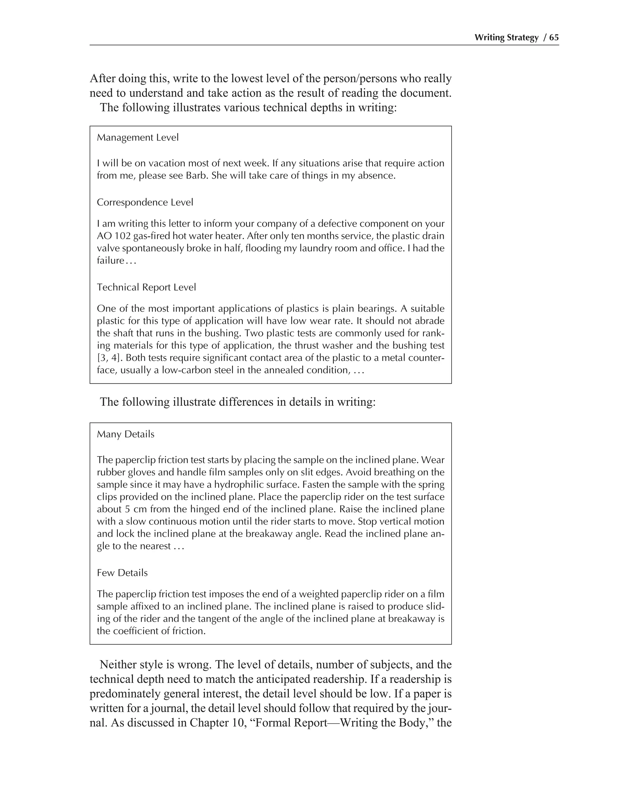 Neither style is wrong. The level of details, number of subjects, and the
technical depth need to match the anticipated readership. If a readership is
predominately general interest, the detail level should be low. If a paper is
written for a journal, the detail level should follow that required by the jour-
nal. As discussed in Chapter 10, “Formal Report—Writing the Body,” the
The following illustrate differences in details in writing:
After doing this, write to the lowest level of the person/persons who really
need to understand and take action as the result of reading the document.
The following illustrates various technical depths in writing:
Writing Strategy / 65
Management Level
I will be on vacation most of next week. If any situations arise that require action
from me, please see Barb. She will take care of things in my absence.
Correspondence Level
I am writing this letter to inform your company of a defective component on your
AO 102 gas-fired hot water heater. After only ten months service, the plastic drain
valve spontaneously broke in half, flooding my laundry room and office. I had the
failure...
Technical Report Level
One of the most important applications of plastics is plain bearings. A suitable
plastic for this type of application will have low wear rate. It should not abrade
the shaft that runs in the bushing. Two plastic tests are commonly used for rank-
ing materials for this type of application, the thrust washer and the bushing test
[3, 4]. Both tests require significant contact area of the plastic to a metal counter-
face, usually a low-carbon steel in the annealed condition, ...
Many Details
The paperclip friction test starts by placing the sample on the inclined plane. Wear
rubber gloves and handle film samples only on slit edges. Avoid breathing on the
sample since it may have a hydrophilic surface. Fasten the sample with the spring
clips provided on the inclined plane. Place the paperclip rider on the test surface
about 5 cm from the hinged end of the inclined plane. Raise the inclined plane
with a slow continuous motion until the rider starts to move. Stop vertical motion
and lock the inclined plane at the breakaway angle. Read the inclined plane an-
gle to the nearest ...
Few Details
The paperclip friction test imposes the end of a weighted paperclip rider on a film
sample affixed to an inclined plane. The inclined plane is raised to produce slid-
ing of the rider and the tangent of the angle of the inclined plane at breakaway is
the coefficient of friction.
 