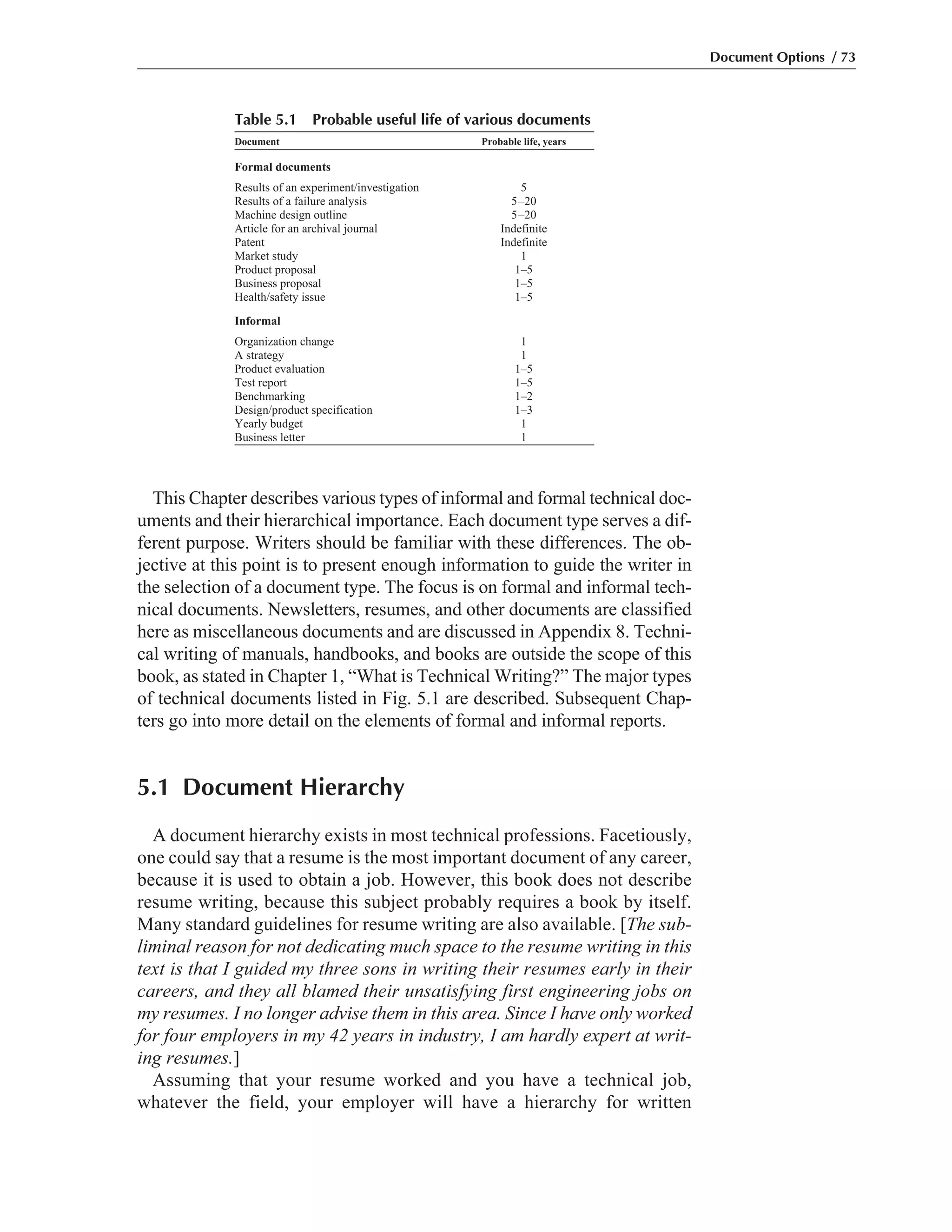 This Chapter describes various types of informal and formal technical doc-
uments and their hierarchical importance. Each document type serves a dif-
ferent purpose. Writers should be familiar with these differences. The ob-
jective at this point is to present enough information to guide the writer in
the selection of a document type. The focus is on formal and informal tech-
nical documents. Newsletters, resumes, and other documents are classified
here as miscellaneous documents and are discussed in Appendix 8. Techni-
cal writing of manuals, handbooks, and books are outside the scope of this
book, as stated in Chapter 1, “What is Technical Writing?” The major types
of technical documents listed in Fig. 5.1 are described. Subsequent Chap-
ters go into more detail on the elements of formal and informal reports.
5.1 Document Hierarchy
A document hierarchy exists in most technical professions. Facetiously,
one could say that a resume is the most important document of any career,
because it is used to obtain a job. However, this book does not describe
resume writing, because this subject probably requires a book by itself.
Many standard guidelines for resume writing are also available. [The sub-
liminal reason for not dedicating much space to the resume writing in this
text is that I guided my three sons in writing their resumes early in their
careers, and they all blamed their unsatisfying first engineering jobs on
my resumes. I no longer advise them in this area. Since I have only worked
for four employers in my 42 years in industry, I am hardly expert at writ-
ing resumes.]
Assuming that your resume worked and you have a technical job,
whatever the field, your employer will have a hierarchy for written
Document Options / 73
Table 5.1 Probable useful life of various documents
Document Probable life, years
Formal documents
Results of an experiment/investigation 5
Results of a failure analysis 5–20
Machine design outline 5–20
Article for an archival journal Indefinite
Patent Indefinite
Market study 1
Product proposal 1–5
Business proposal 1–5
Health/safety issue 1–5
Informal
Organization change 1
A strategy 1
Product evaluation 1–5
Test report 1–5
Benchmarking 1–2
Design/product specification 1–3
Yearly budget 1
Business letter 1
 