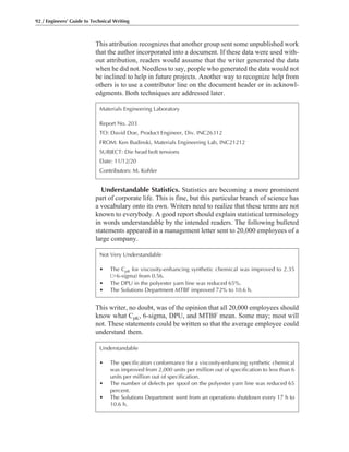 This writer, no doubt, was of the opinion that all 20,000 employees should
know what CpK, 6-sigma, DPU, and MTBF mean. Some may; most will
not. These statements could be written so that the average employee could
understand them.
Understandable Statistics. Statistics are becoming a more prominent
part of corporate life. This is fine, but this particular branch of science has
a vocabulary onto its own. Writers need to realize that these terms are not
known to everybody. A good report should explain statistical terminology
in words understandable by the intended readers. The following bulleted
statements appeared in a management letter sent to 20,000 employees of a
large company.
This attribution recognizes that another group sent some unpublished work
that the author incorporated into a document. If these data were used with-
out attribution, readers would assume that the writer generated the data
when he did not. Needless to say, people who generated the data would not
be inclined to help in future projects. Another way to recognize help from
others is to use a contributor line on the document header or in acknowl-
edgments. Both techniques are addressed later.
92 / Engineers’ Guide to Technical Writing
Materials Engineering Laboratory
Report No. 203
TO: David Doe, Product Engineer, Div. INC26312
FROM: Ken Budinski, Materials Engineering Lab, INC21212
SUBJECT: Die head bolt tensions
Date: 11/12/20
Contributors: M. Kohler
Not Very Understandable
• The CpK for viscosity-enhancing synthetic chemical was improved to 2.35
(Ͼ6-sigma) from 0.56.
• The DPU in the polyester yarn line was reduced 65%.
• The Solutions Department MTBF improved 72% to 10.6 h.
Understandable
• The specification conformance for a viscosity-enhancing synthetic chemical
was improved from 2,000 units per million out of specification to less than 6
units per million out of specification.
• The number of defects per spool on the polyester yarn line was reduced 65
percent.
• The Solutions Department went from an operations shutdown every 17 h to
10.6 h.
 