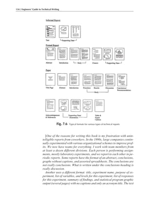 [One of the reasons for writing this book is my frustration with unin-
telligible reports from coworkers. In the 1990s, large companies contin-
ually experimented with various organizational schemes to improve prof-
its. We now have teams for everything. I work with team members from
at least a dozen different divisions. Each person is performing assign-
ments, mostly laboratory experiments, and we report to each other in pe-
riodic reports. Some reports have the format of an abstract, conclusions,
graphs without captions, and assorted spreadsheets. The conclusions are
not really conclusions. What is written under the conclusions heading is
really discussion.
Another uses a different format: title, experiment name, purpose of ex-
periment, list of variables, and levels for this experiment, list of responses
for this experiment, summary of findings, and statistical program graphic
output (several pages) with no captions and only an acronym title. The text
134 / Engineers’ Guide to Technical Writing
Fig. 7.6 Typical formats for various types of technical reports
 