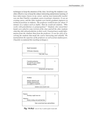 techniques to keep the attention of the class. Involving the students is an-
other effective way to keep the subject interesting and promote learning. [I
have taken many classes in my career, and my most memorable teacher
was one that I had for a graduate course in polymer chemistry. It was an
evening course, and the other students were mostly graduate engineers in
technical positions in industry. The professor would lecture for about 15
minutes on a subject such as olefins. Then he would ask students, “Who
works with polyethylene or polypropylene?” Students who raised their
hands were asked to come in front of the class and tell the other students
what they did with polyethylene in their work. I learned more useful infor-
mation from the students than from the professor. It was his style of in-
volving the students that made the course interesting and valuable. We
learned from the expertise of the professor as well as from student peers.
I heartily recommend this teaching technique.]
Oral Presentations / 273
Fig. 14.4(a) Use of 3 by 5 cards to plan visual aids
 