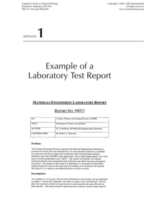 APPENDIX1
Example of a
Laboratory Test Report
Engineers' Guide to Technical Writing
Kenneth G. Budinski, p303-305
DOI:10.1361/egtw2001p303
Copyright © 2001 ASM International®
All rights reserved.
www.asminternational.org
 