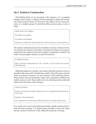 A6.2 Sentence Construction
The building block of any document is the sentence. It is a complete
thought, and it requires a subject (what the thought is about) and a predi-
cate (what action occurred or will occur). The subject can be a noun, pro-
noun, or a complex group of words that define a person, place, event, or
thing:
Grammar and Punctuation / 327
Simple Noun as the Subject
The beaker was agitated.
A Complex as the Subject
Titration by acidification and neutralization is the normal way to test for glucose.
The subject (and predicate) can have modifiers, but they remain as the ba-
sic elements of a sentence. Sometimes, in technical writing, you can get so
engrossed in the technical terms that a subject or predicate is omitted. The
result is an incomplete sentence in need of correction:
Incomplete Sentence
With a chemical composition of 0.1%C, 4.0%Mn, 2.7%Si, 0.8%P and vacuum
ladle degassing.
Modifying adjectives, adverbs, and clauses should be placed as close as
possible to the nouns and verbs that they modify. One of the most common
errors in sentence structure is to start sentences with modifying clauses.
These clauses may not technically violate rules of grammar and they may
modify a noun or verb. They usually, however, add unnecessary words and
detract from the clarity of the sentence.
Awkward Sentence
As part of a study into the effect of paint slivers, we conducted tee-bend paint ad-
hesion tests.
Preferred—Direct Statement
We conducted two tee-bend paint adhesion tests in our study of paint slivers.
Five words were saved in the preferred example, and the sentence has ex-
actly the same meaning. It is almost always possible to move the clause
into the sentence with fewer words. Make this a priority in writing.
 