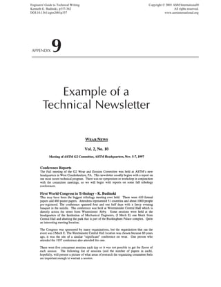 APPENDIX9
Example of a
Technical Newsletter
Engineers' Guide to Technical Writing
Kenneth G. Budinski, p357-362
DOI:10.1361/egtw2001p357
Copyright © 2001 ASM International®
All rights reserved.
www.asminternational.org
 