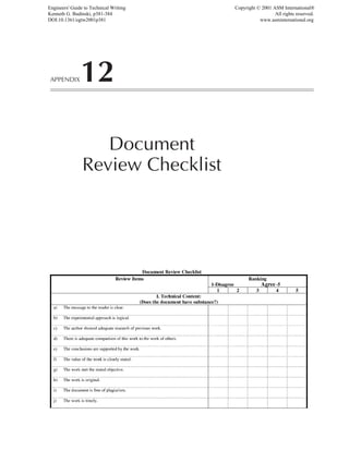 APPENDIX12
Document
Review Checklist
Engineers' Guide to Technical Writing
Kenneth G. Budinski, p381-384
DOI:10.1361/egtw2001p381
Copyright © 2001 ASM International®
All rights reserved.
www.asminternational.org
 