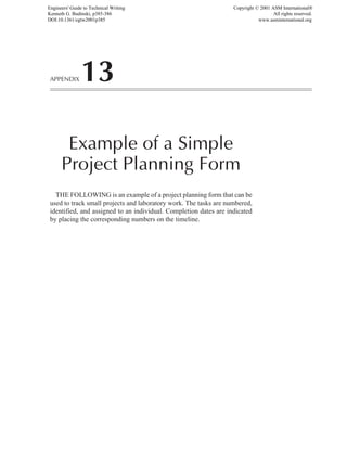APPENDIX 13
Example of a Simple
Project Planning Form
THE FOLLOWING is an example of a project planning form that can be
used to track small projects and laboratory work. The tasks are numbered,
identified, and assigned to an individual. Completion dates are indicated
by placing the corresponding numbers on the timeline.
Engineers' Guide to Technical Writing
Kenneth G. Budinski, p385-386
DOI:10.1361/egtw2001p385
Copyright © 2001 ASM International®
All rights reserved.
www.asminternational.org
 