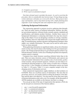 11. Complete speed trials.
12. Write report on attainment of goal.
Note that a formal report concludes the project. As can be seen from the
procedure, there is considerable time between steps. To keep things moving,
written milestones with dates are reviewed by the boss. Short projects have
steps and timelines, and we keep them moving with a simple planning form
(Appendix 13) for tracking the tasks and completion dates of a project.
Gathering Background Information
The engineering approach to projects involves gathering data through-
out. There are many sources of technical information: libraries, the inter-
net, government agencies, reference books, journals, patents, standards and
specifications, and industry product literature. Another basic source of
background information is contacting individuals who may have knowl-
edge on the subject. If you are designing a machine or solving a manufac-
turing problem, interview individuals who can provide insights and knowl-
edge. In manufacturing, machine operators and department managers often
supply very valuable information. The same can be said for senior peers.
Leave no stone unturned.
When gathering information on significant studies, always do a literature
search. In fact, this must be done at the funding level for government pro-
posals. The 30 page proposals that go to government agencies all have sig-
nificant literature searches. In the case of funding for product development,
a patent search is required.
Computers have made literature searching infinitely better than in the
past. There are many electronic sources of information, and a person can
read and transfer information from countless sites of universities, profes-
sional societies, and government agencies. Libraries can also help in re-
searching by directing people to a wide variety of useful sites or informa-
tion services. A few examples of reference information sources are listed
in Table 3.1. Of course, Table 3.1 is just a snapshot sample in the fast-
changing arena of information services.
Some commercial organizations supply databases on their products on
CD-ROM. These are excellent sources of information. The ones that are
given here, however, are usually aimed at selling the products in the data-
base and the data is not objective. You also must be aware that some types
of Internet information come with a cost. For example, all the thousands of
ASTM standards are available on the Internet, but there is a charge.
You can get an idea of the type of organization that operates a Web site
by the last part (or extension) of the Internet address:
• .org ϭ a not-for-profit organization
• .com ϭ a commercial enterprise
• .edu ϭ an educational institution
• .gov ϭ a government agency
44 / Engineers’ Guide to Technical Writing
 